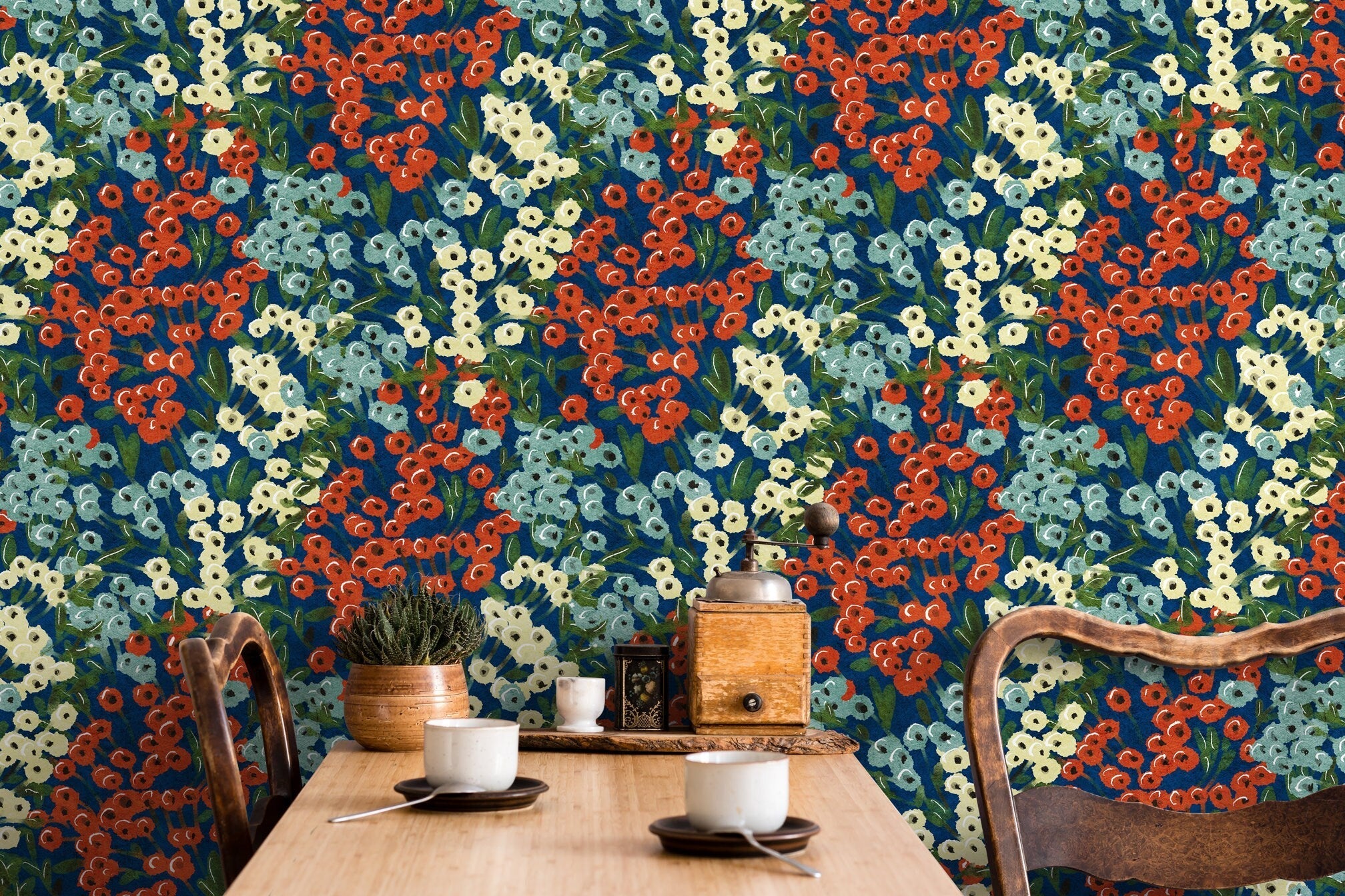 Floral Wallpaper With Painterly Wildflowers In Blue, Red, And Cream - D013