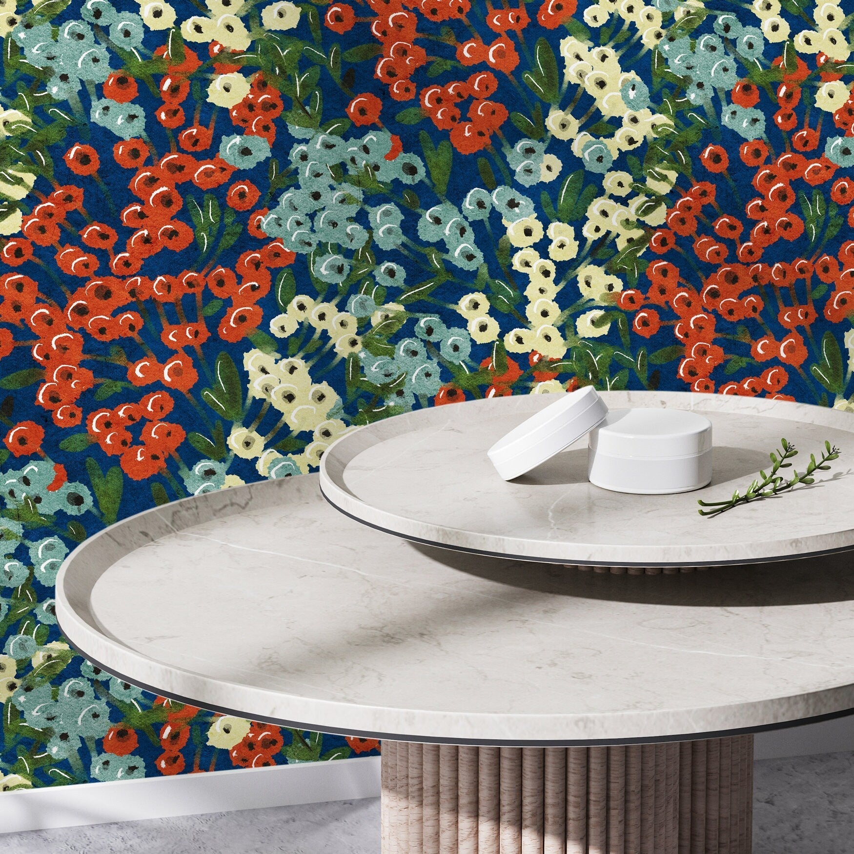 Floral Wallpaper With Painterly Wildflowers In Blue, Red, And Cream - D013