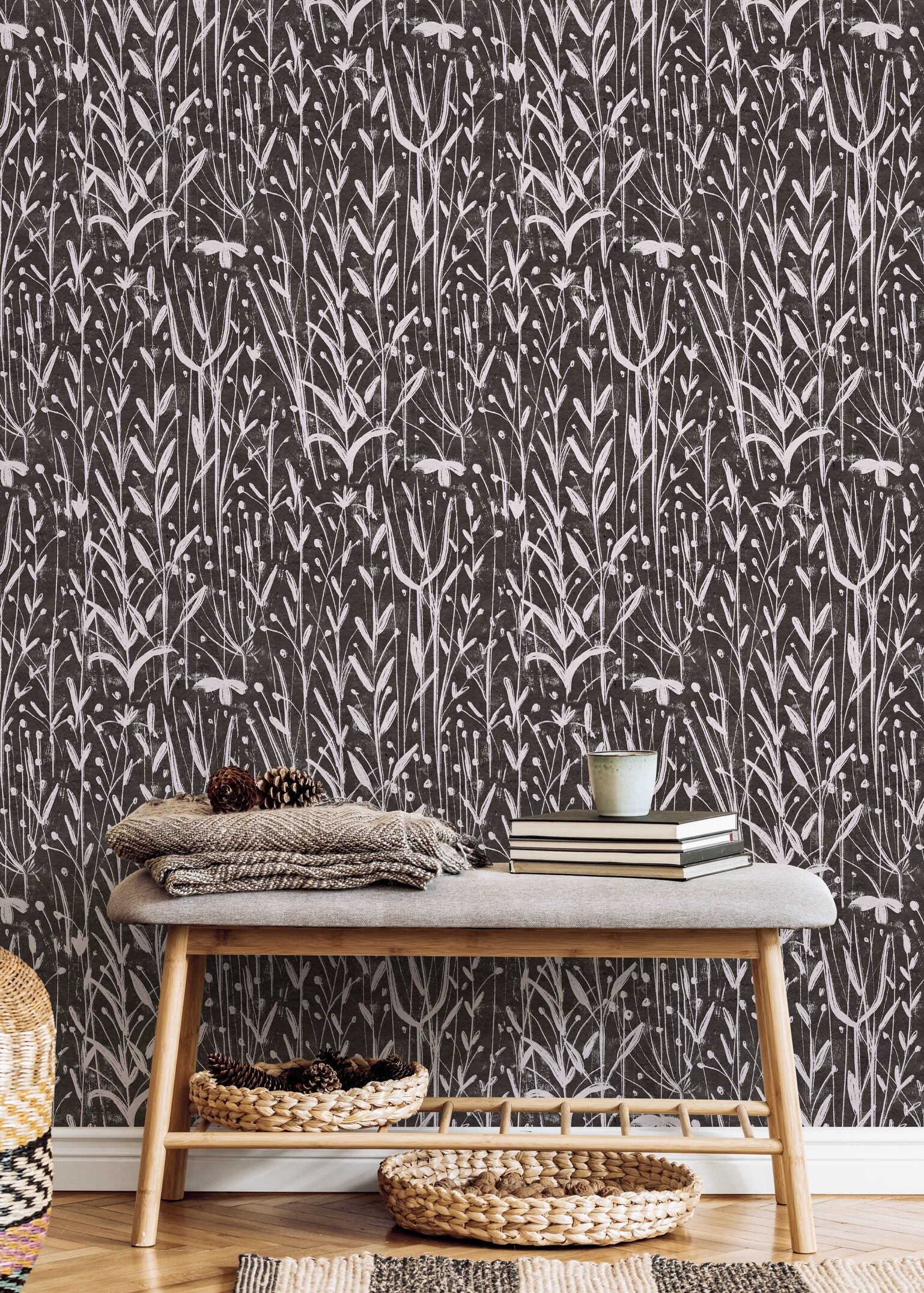 Boho Wallpaper With A Wildflower Sketch Motif In Charcoal And Off-white - D014