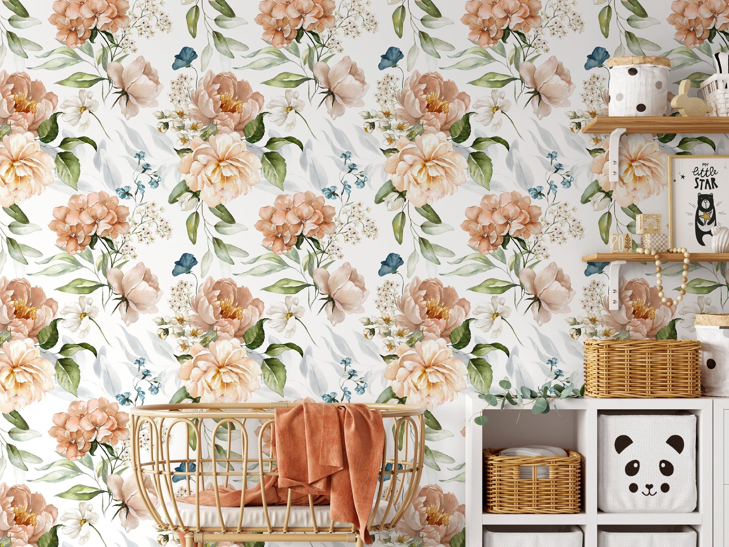 Floral Wallpaper With Vintage Watercolor Peonies In Pink, Blue, And Green - D020