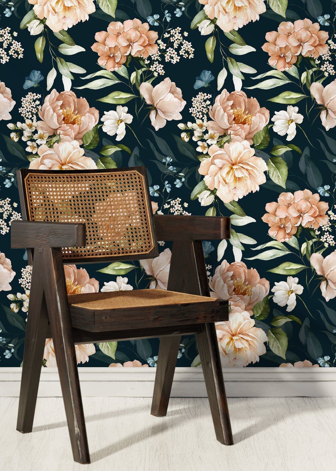 Floral Wallpaper With Vintage Peonies In Peach, Blue, And Green - D021