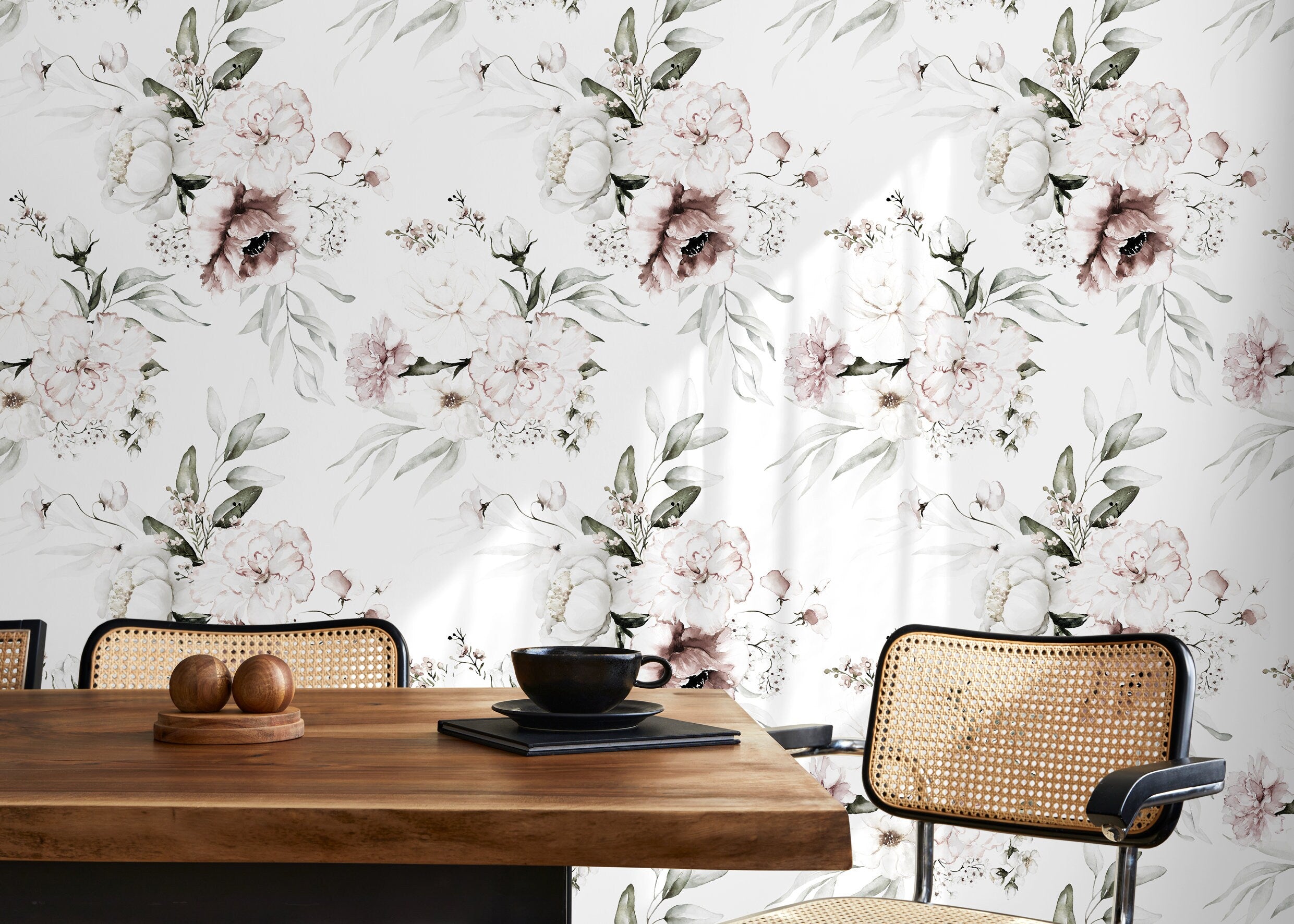 Floral Wallpaper Featuring Vintage Peony Blooms In Neutral, Mauve, And Green - D023