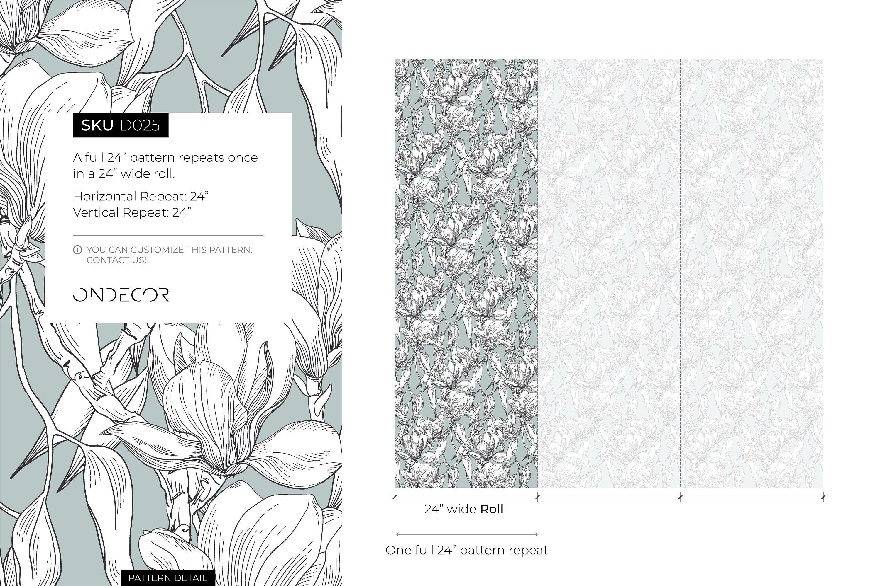 Botanical Wallpaper With A Magnolia Line Art Motif In Sage Green And Black - D025