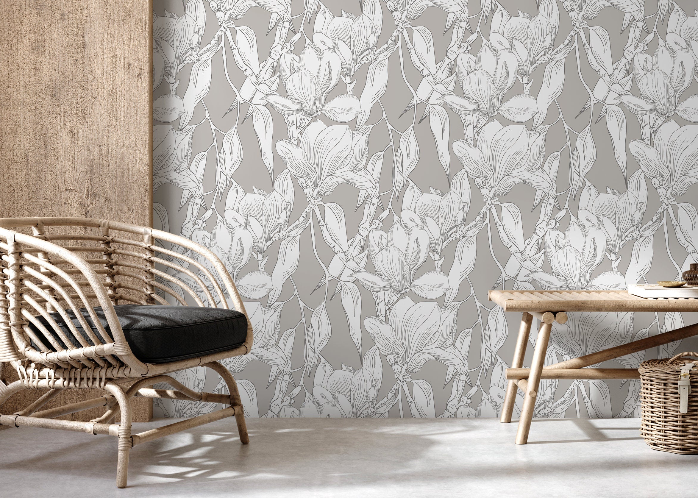 Floral Wallpaper Featuring Line Art Magnolias In Grey And White - D026