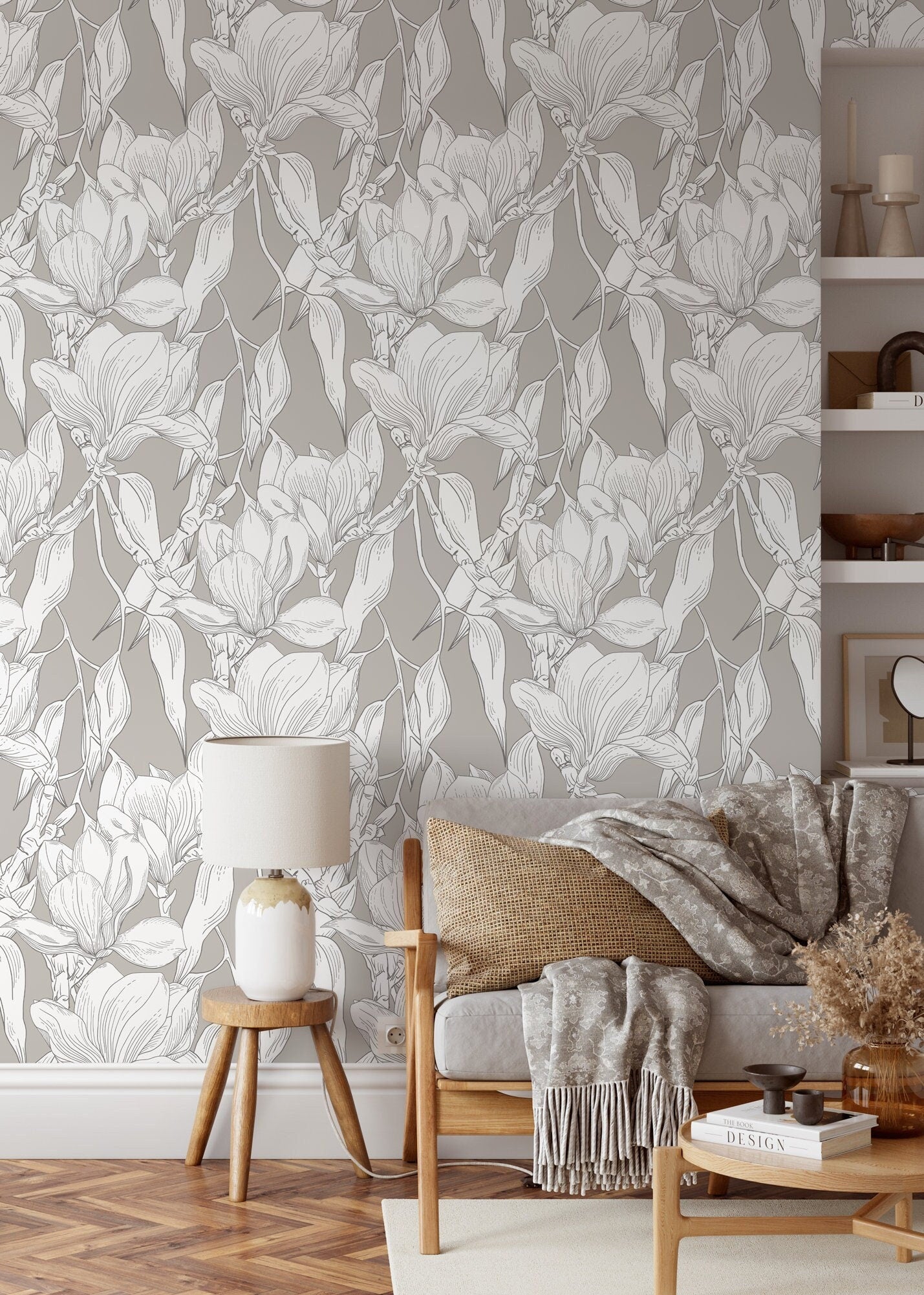 Floral Wallpaper Featuring Line Art Magnolias In Grey And White - D026