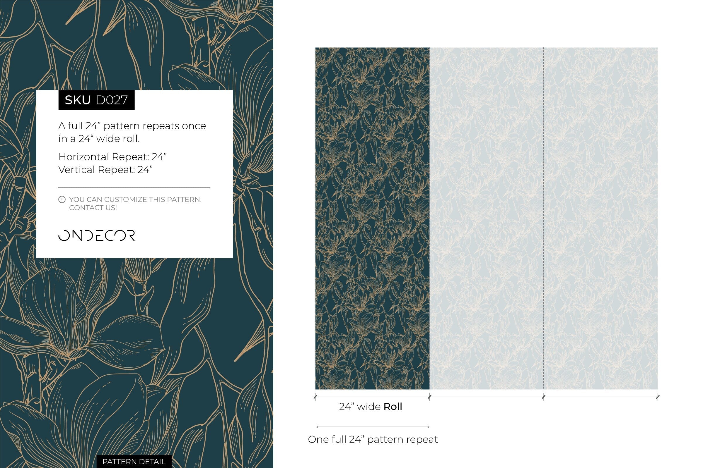 Floral Wallpaper With Elegant Magnolia Outlines In Teal And Gold - D027