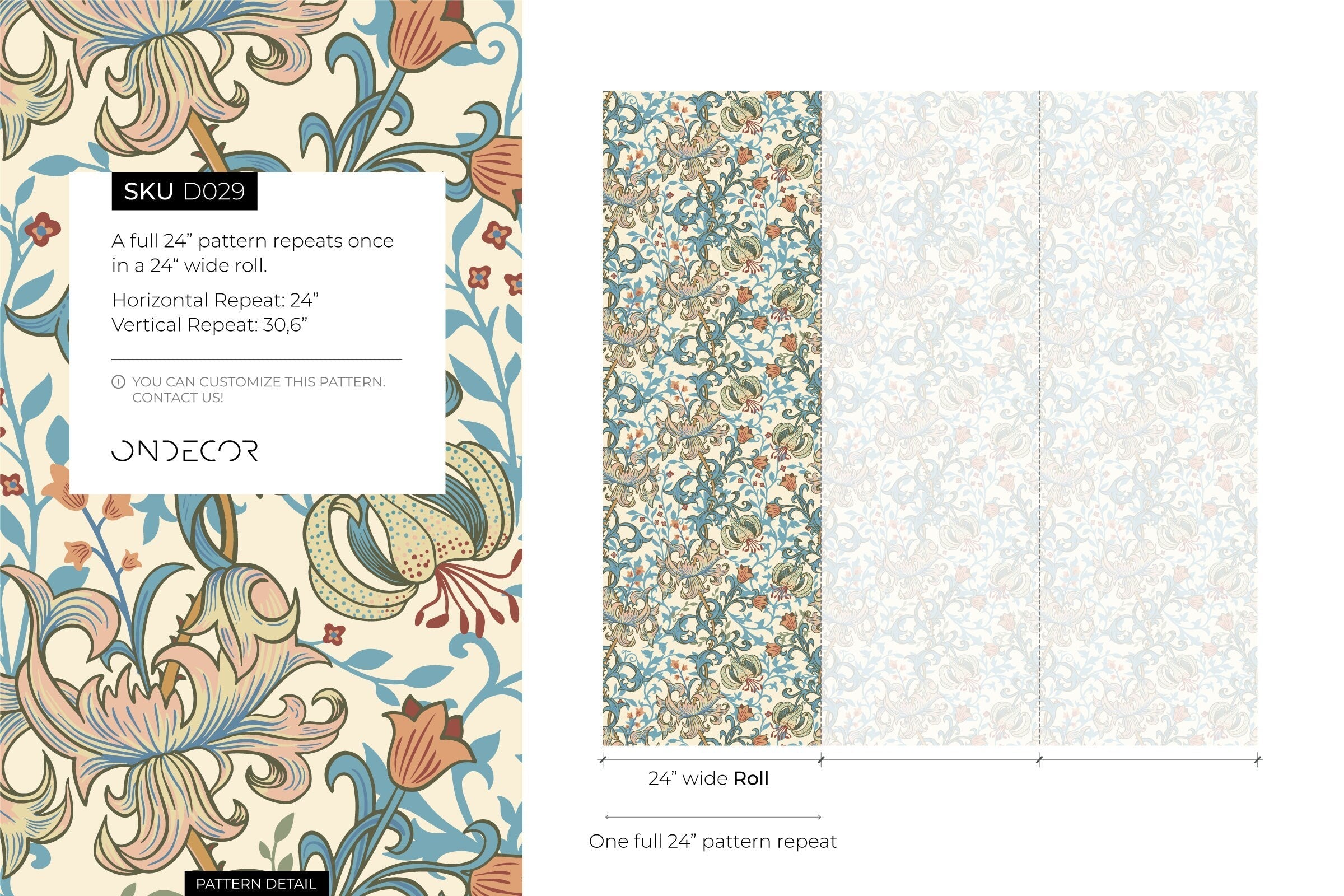 Art Nouveau Wallpaper With Stylized Lilies In Blue, Pink, And Orange - D029