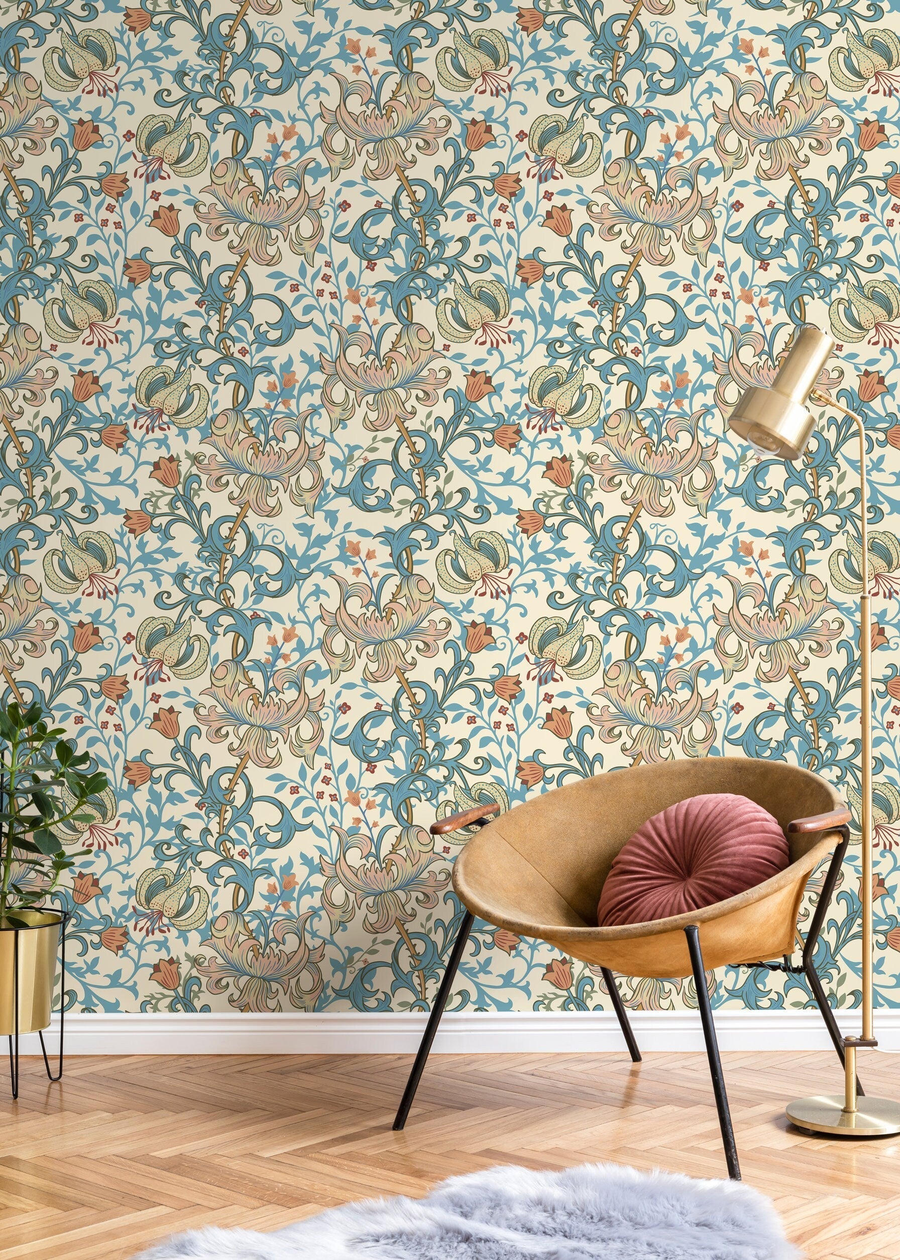 Art Nouveau Wallpaper With Stylized Lilies In Blue, Pink, And Orange - D029