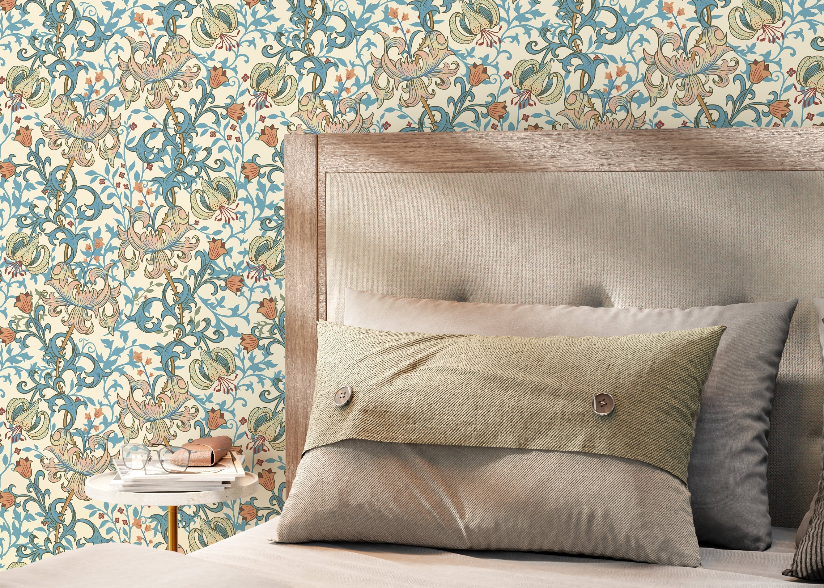 Art Nouveau Wallpaper With Stylized Lilies In Blue, Pink, And Orange - D029