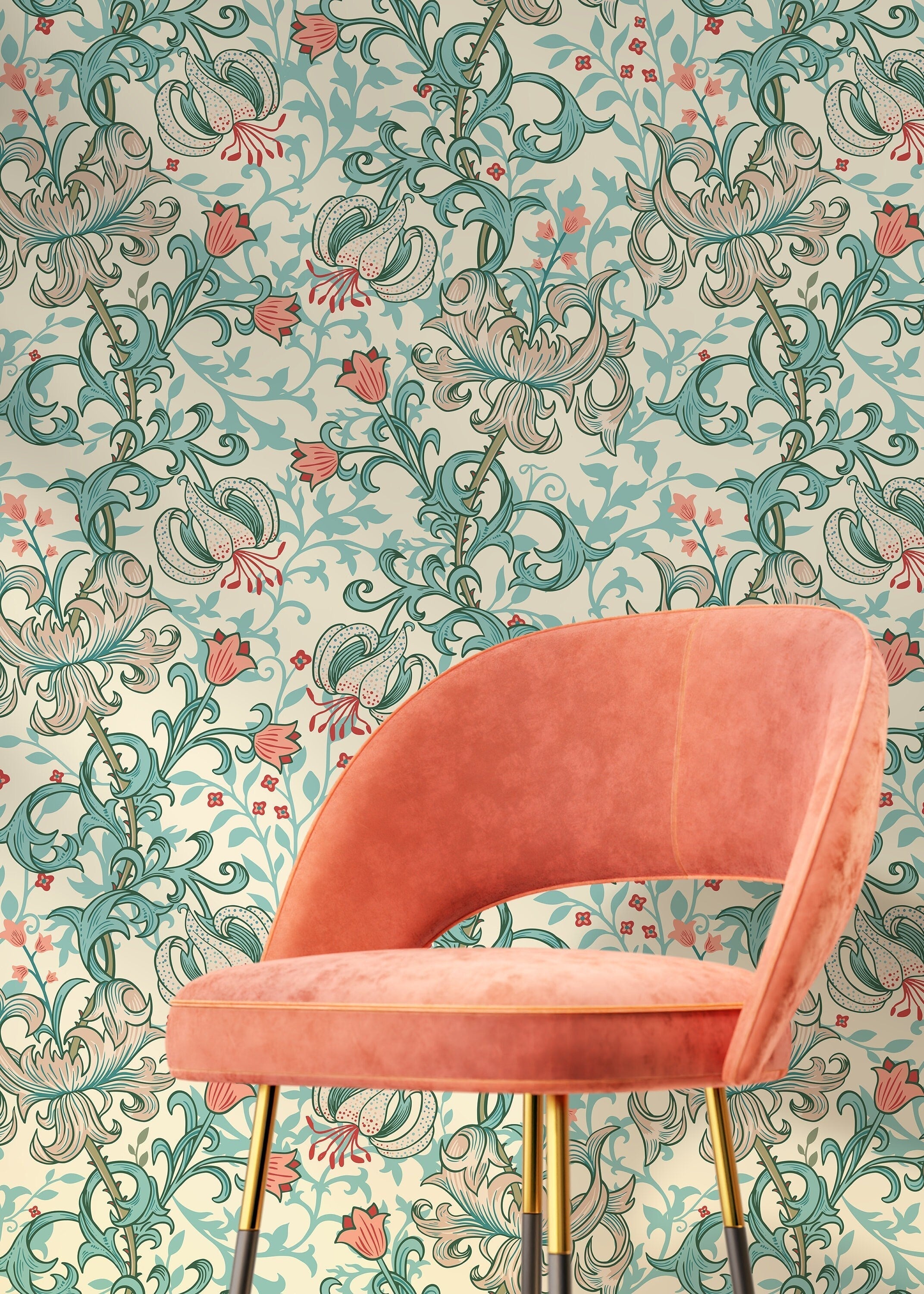 William Morris Wallpaper With An Elegant Lily Motif In Teal And Coral - D030