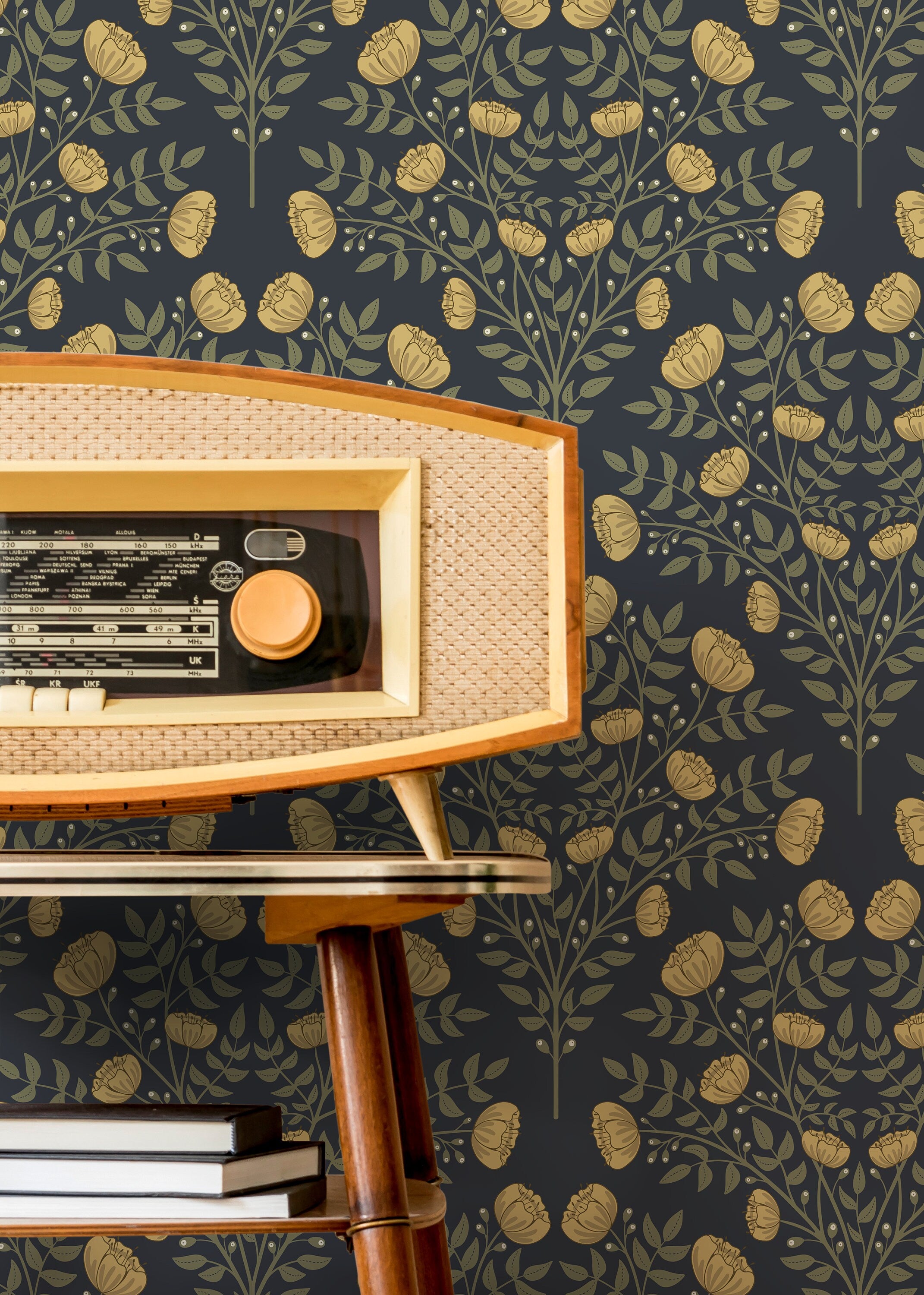 Art Nouveau Wallpaper With A Stylized Floral Motif In Dark Blue And Gold - D038