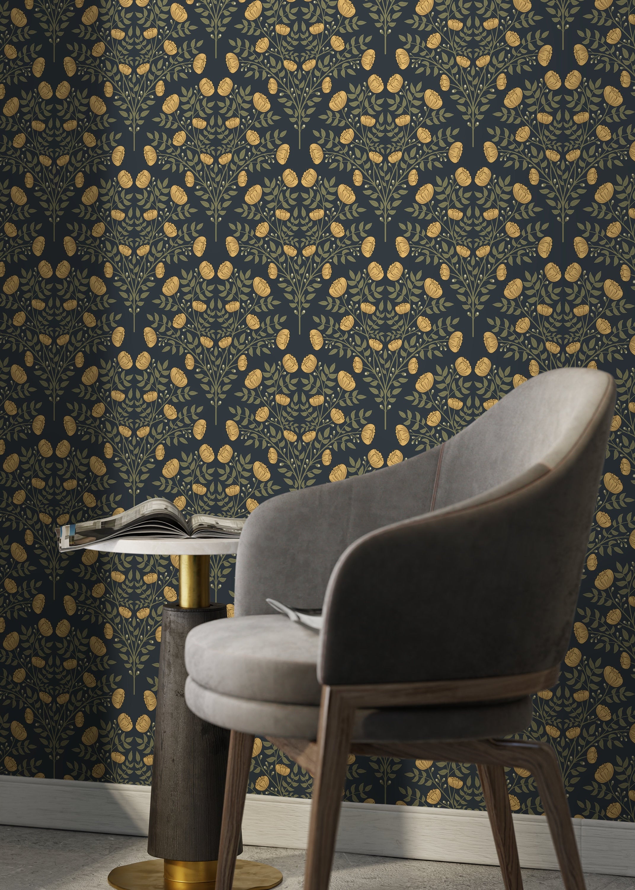 Art Nouveau Wallpaper With A Stylized Floral Motif In Dark Blue And Gold - D038