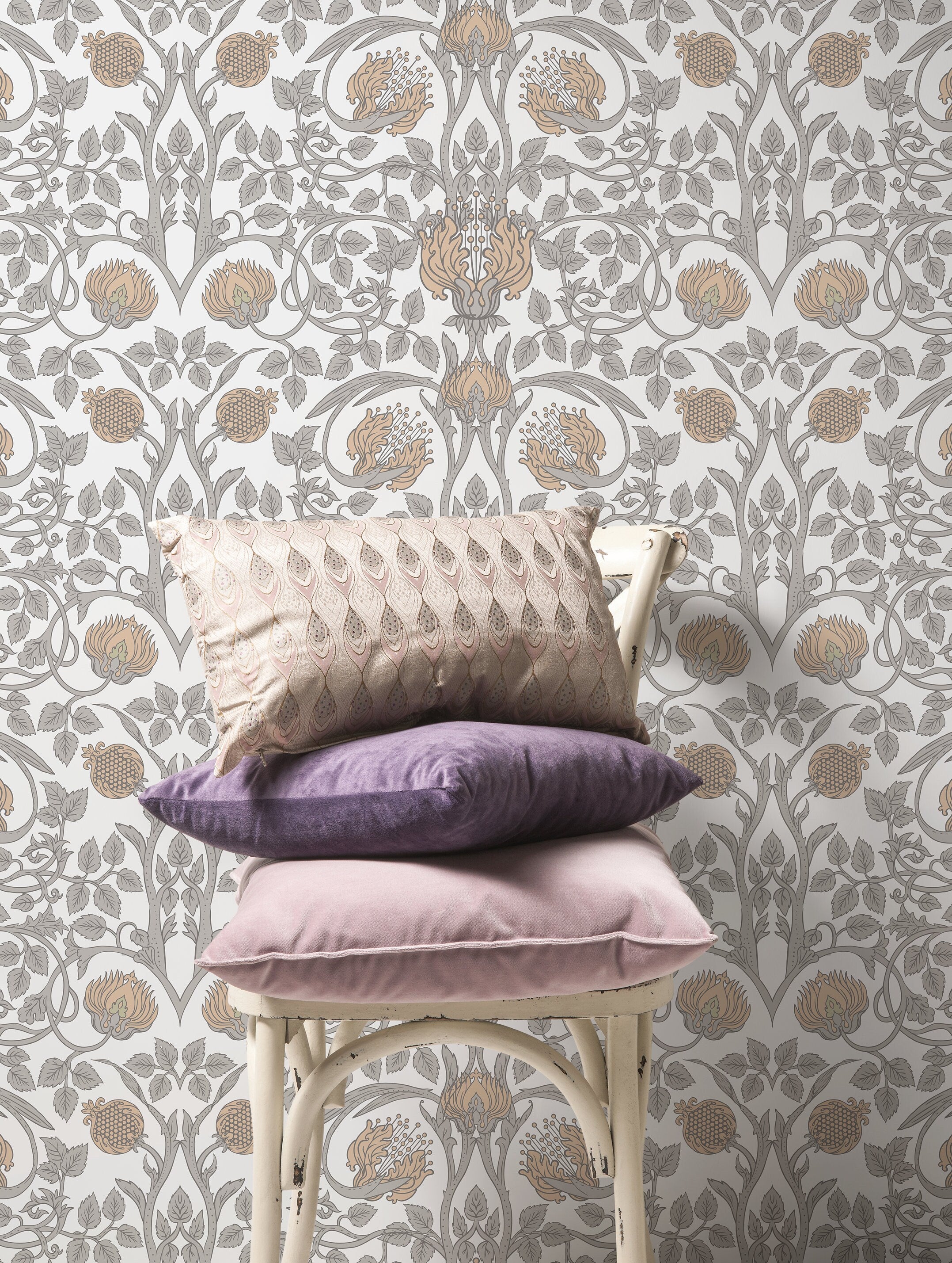 William Morris Wallpaper With A Pomegranate Motif In Beige, Tan, And Gray - D043