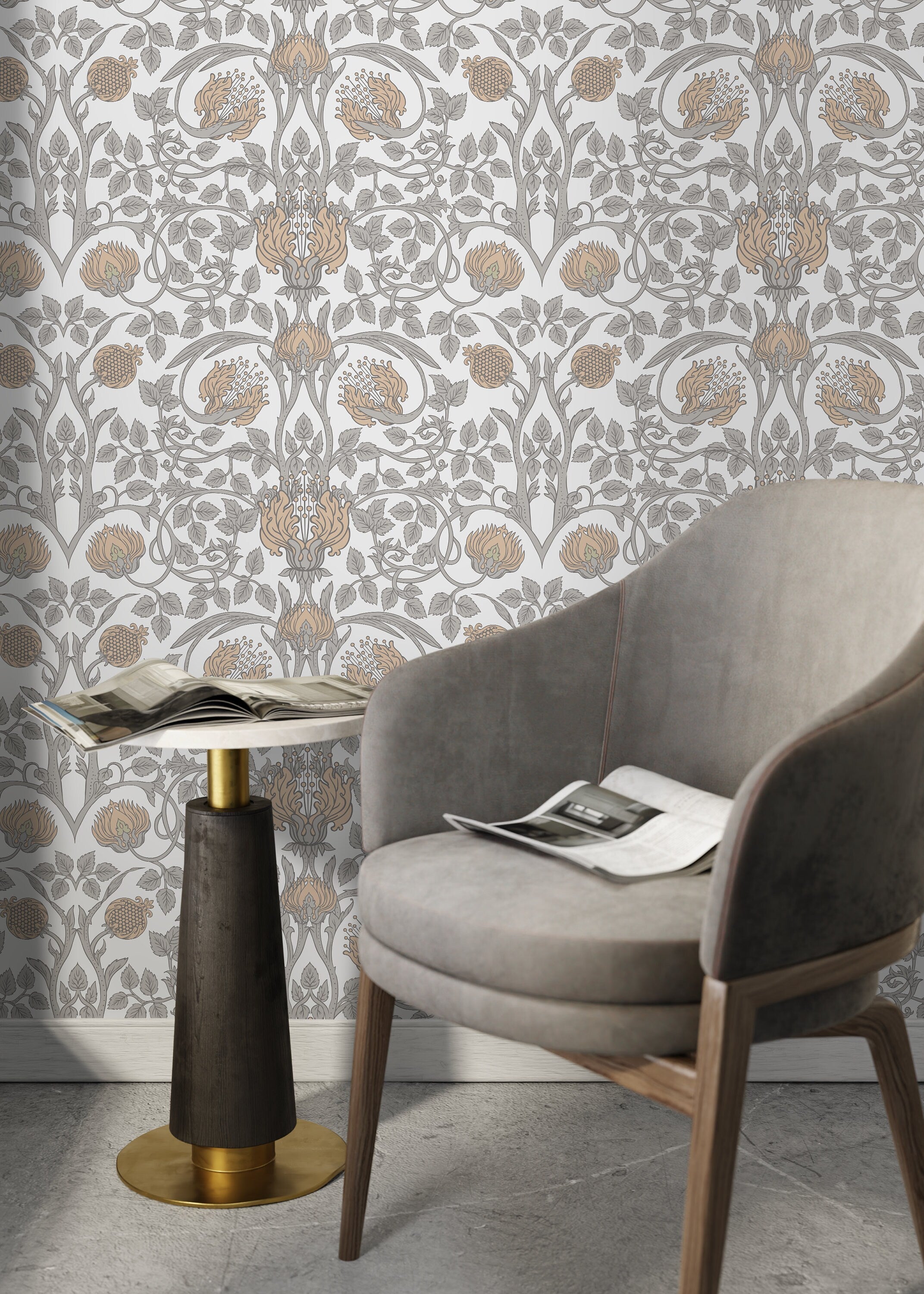 William Morris Wallpaper With A Pomegranate Motif In Beige, Tan, And Gray - D043