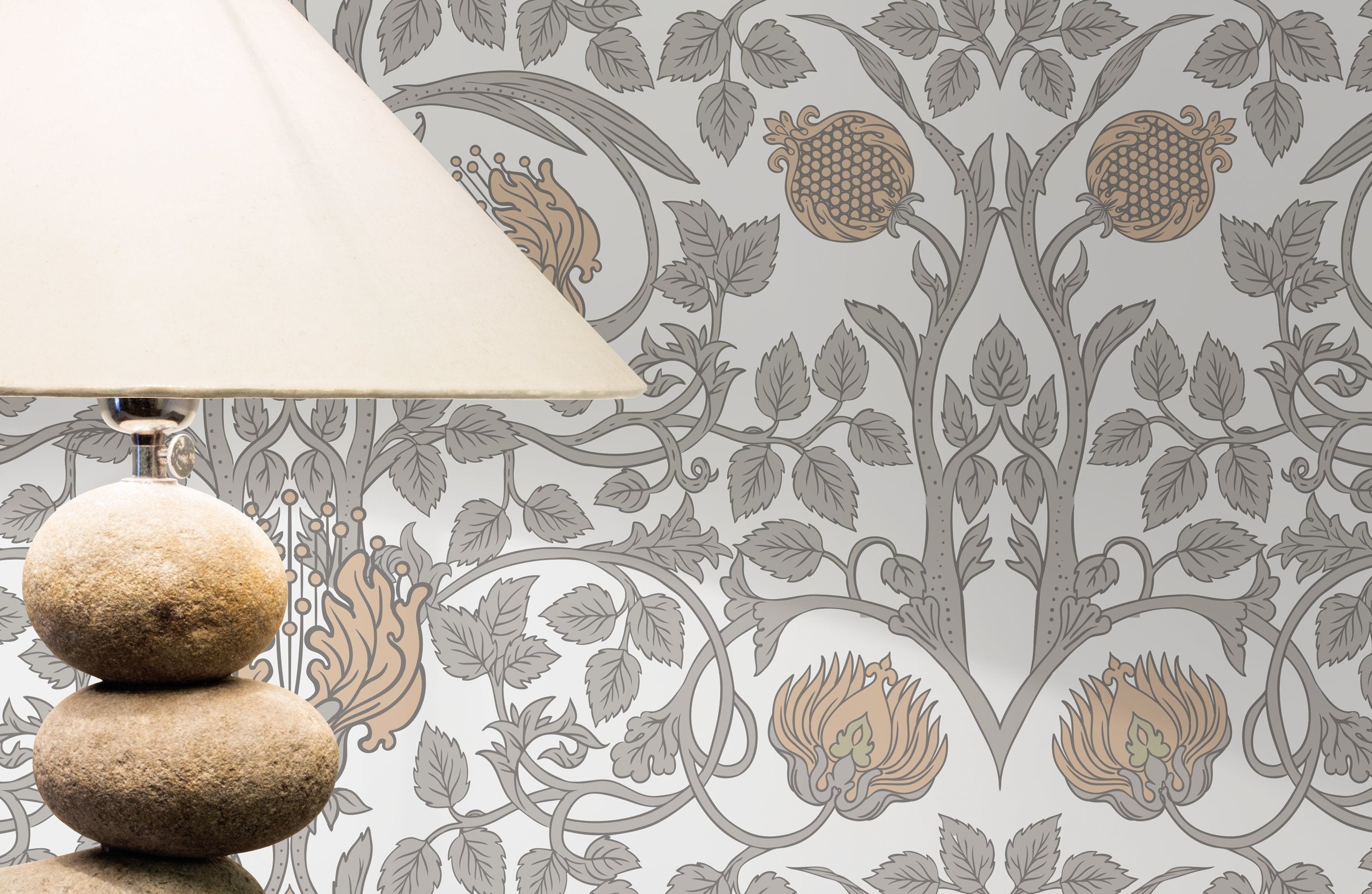 William Morris Wallpaper With A Pomegranate Motif In Beige, Tan, And Gray - D043