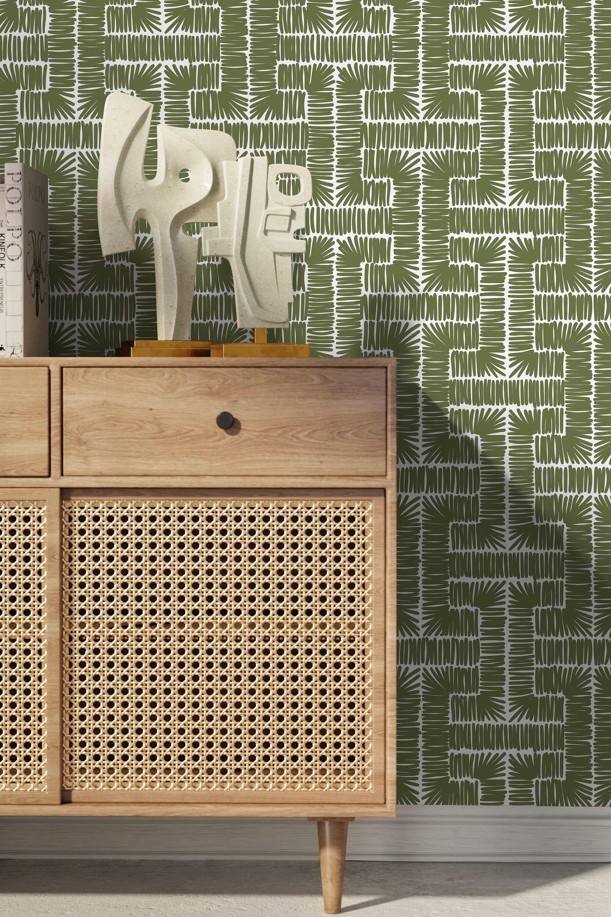 Geometric Wallpaper With A Woven Lines Motif In Olive Green - D047