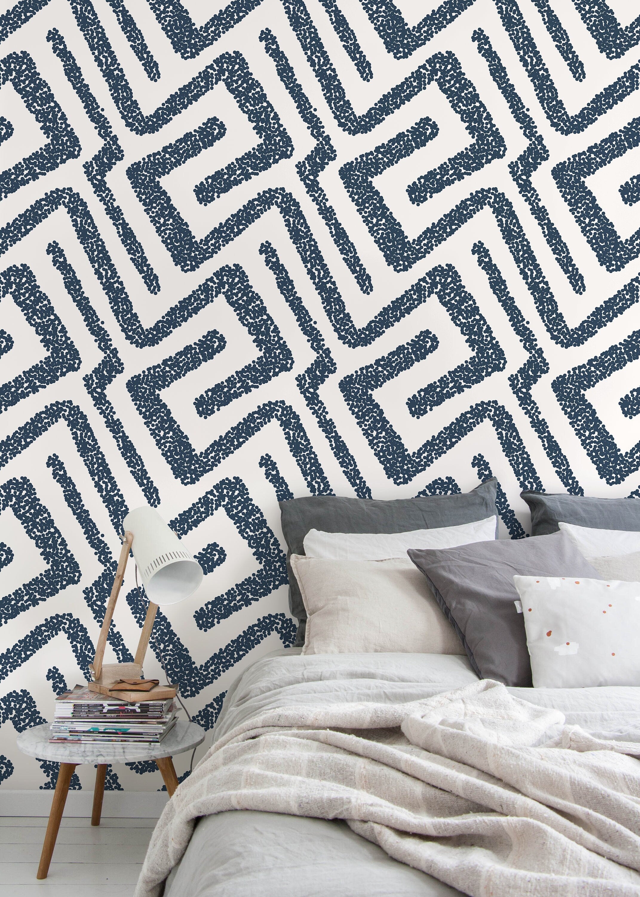 Abstract Wallpaper With A Dotted Maze Motif In Dark Blue - D046