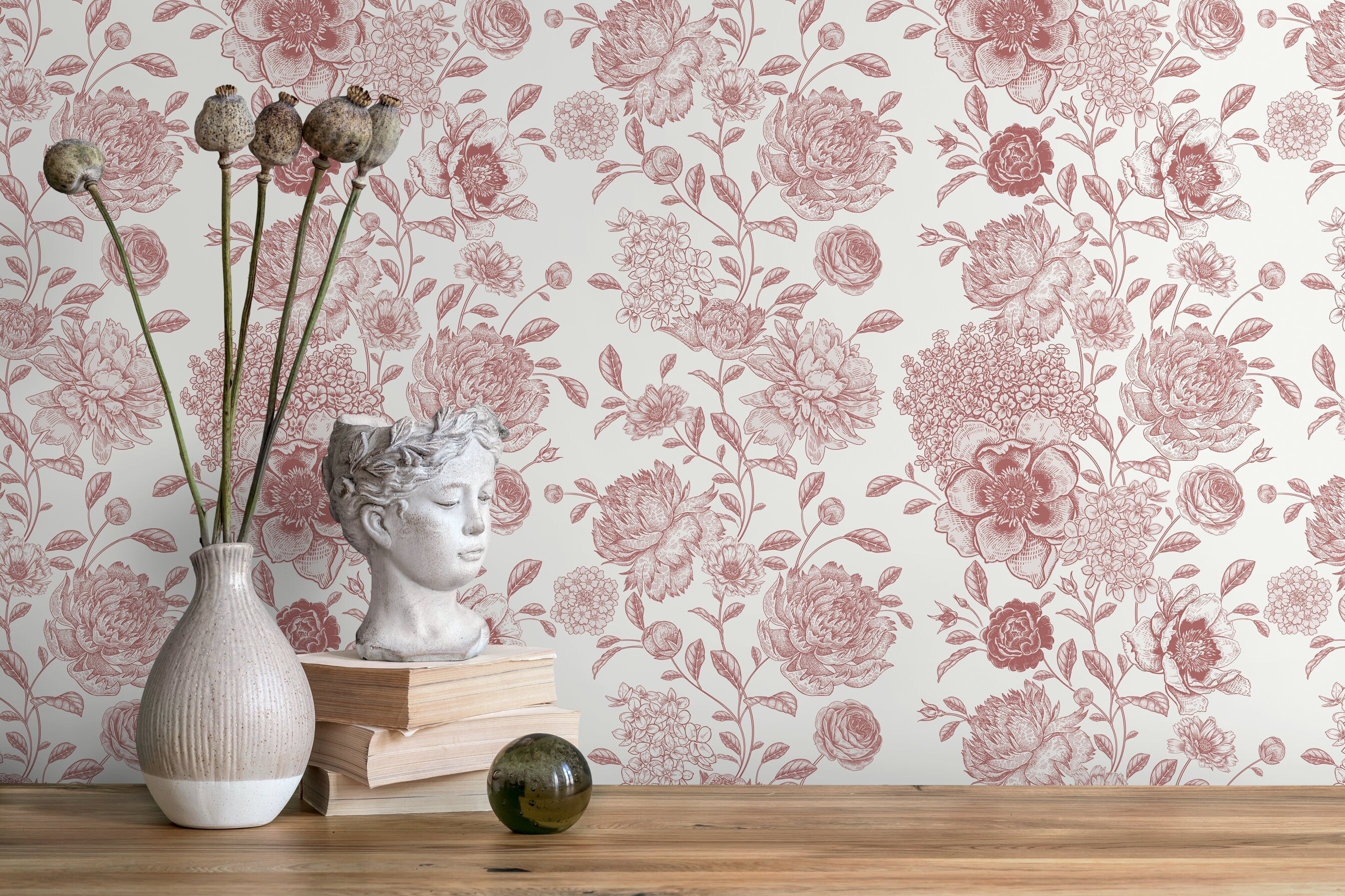 Vintage Toile Wallpaper With Peonies And Roses In Pink - D051