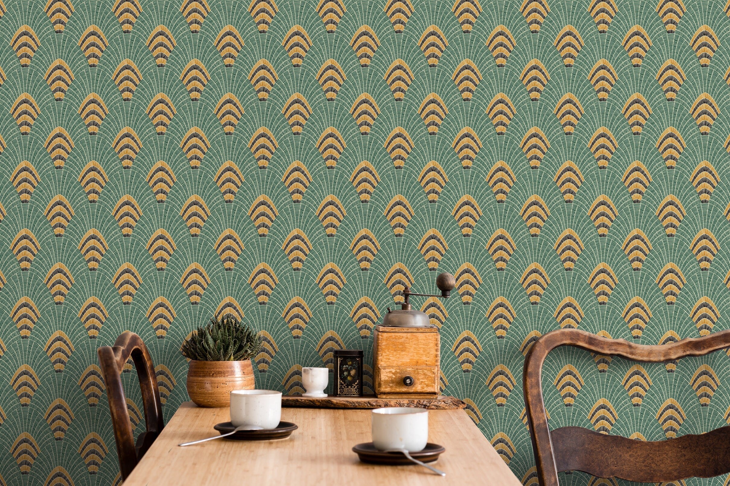 Art Deco Wallpaper With A Geometric Fan Motif In Green, Gold, And Black - D053