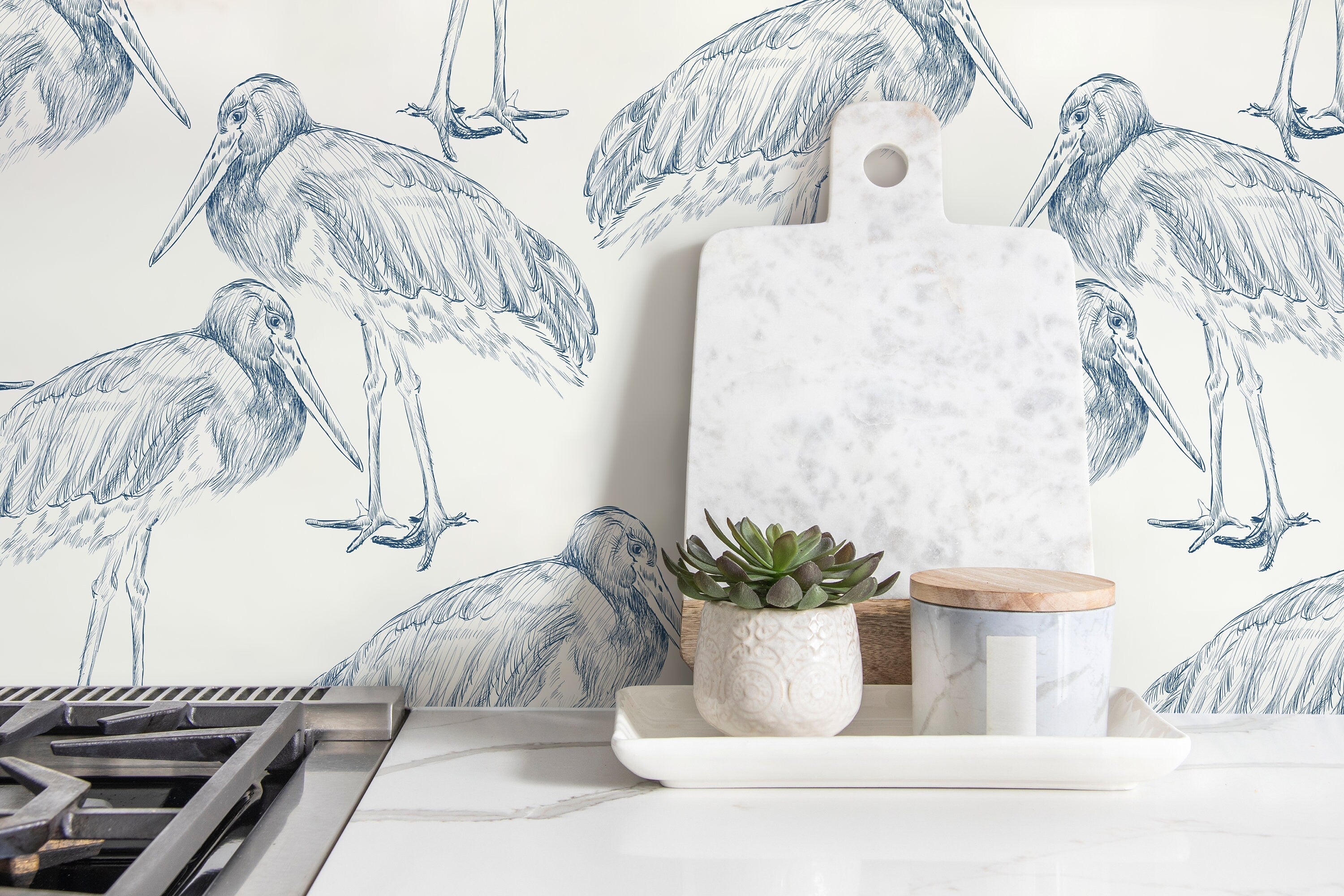 Bird Wallpaper With A Sketch Style Crane Motif In Blue - D058