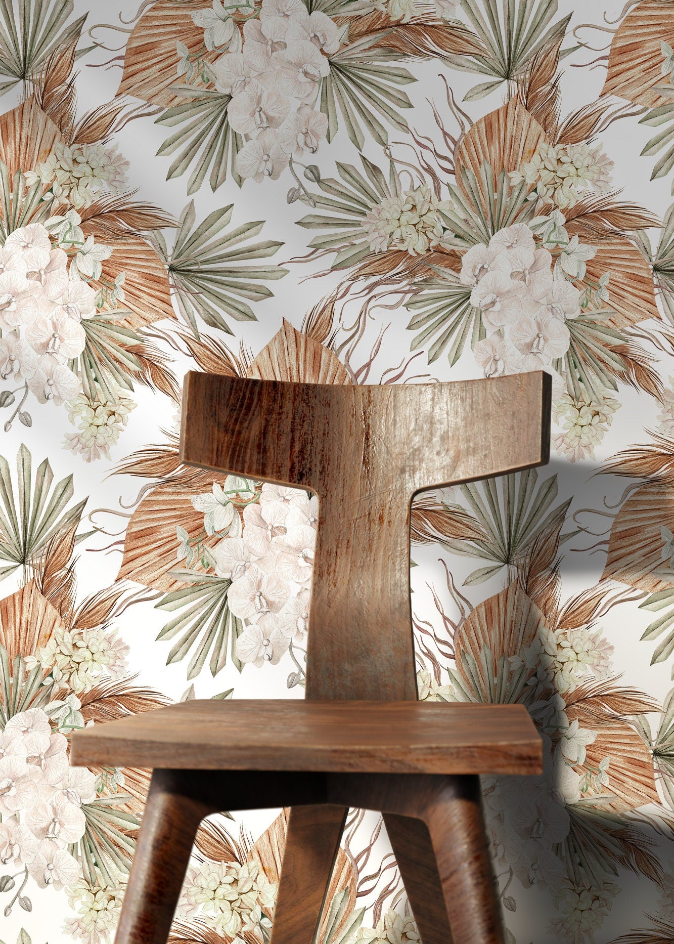 Boho Floral Wallpaper With Orchids And Dried Palms In Brown, Green, And Cream - D056
