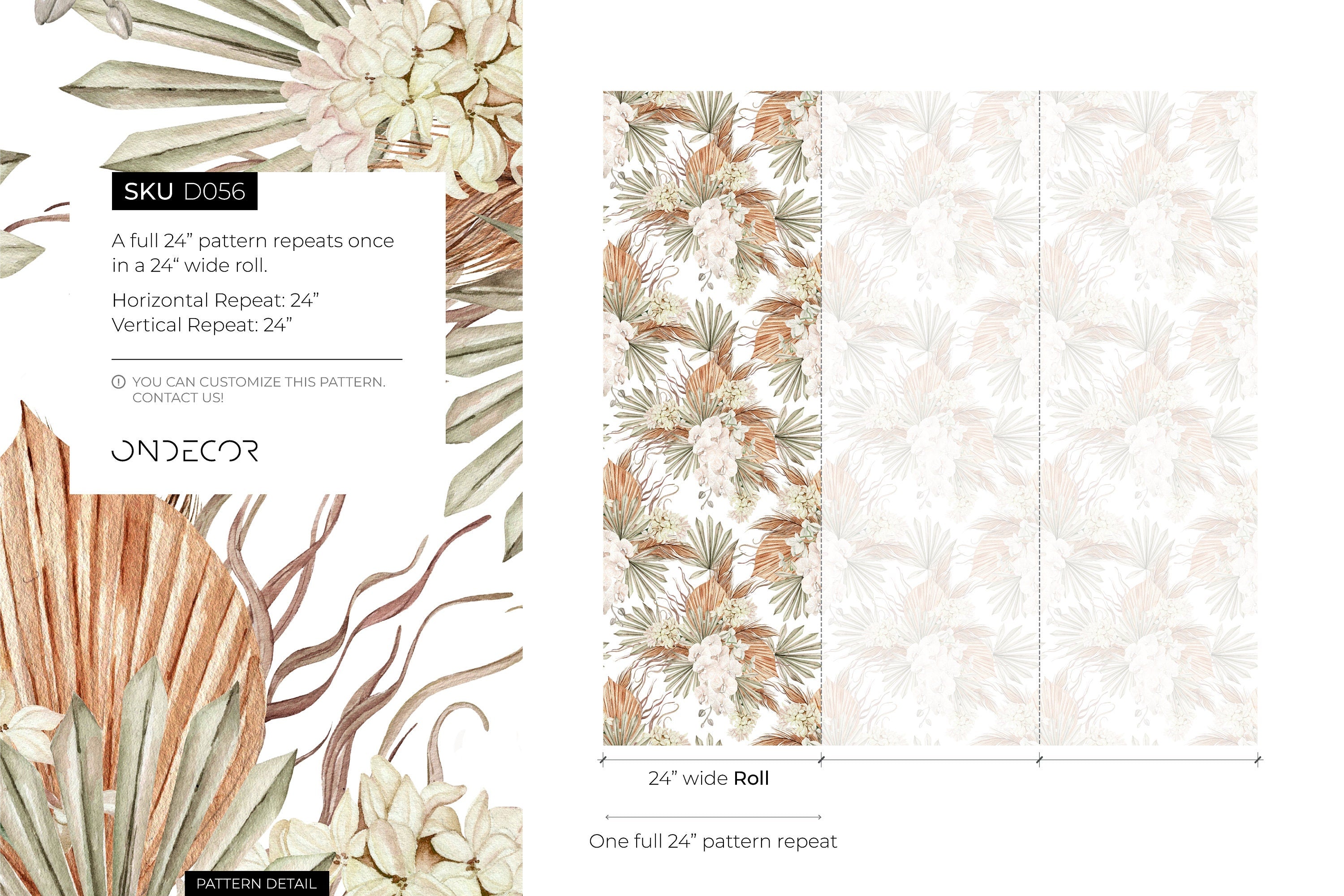 Boho Floral Wallpaper With Orchids And Dried Palms In Brown, Green, And Cream - D056