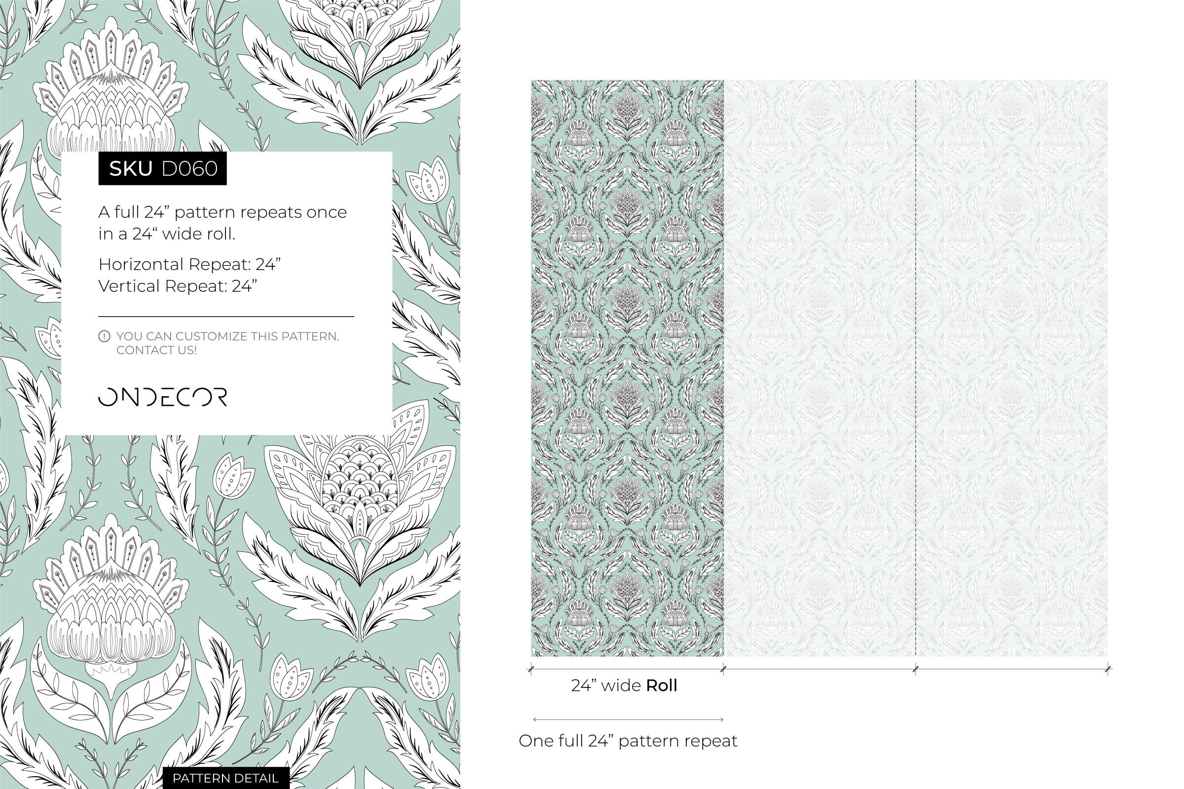Damask Wallpaper With Stylized Floral Motifs In Mint, White, And Black - D060
