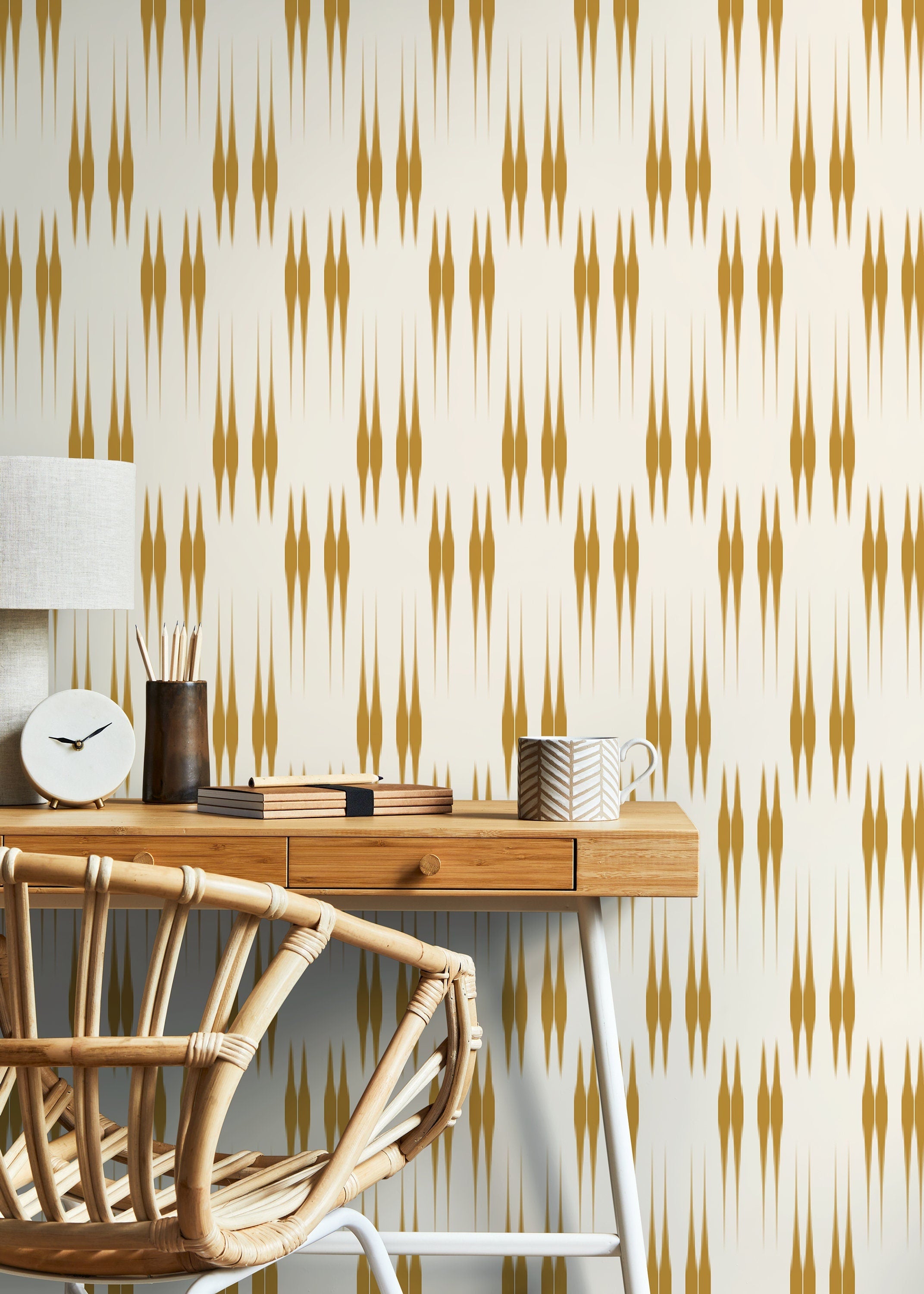 Geometric Wallpaper With An Ikat Style Motif In Yellow - D018