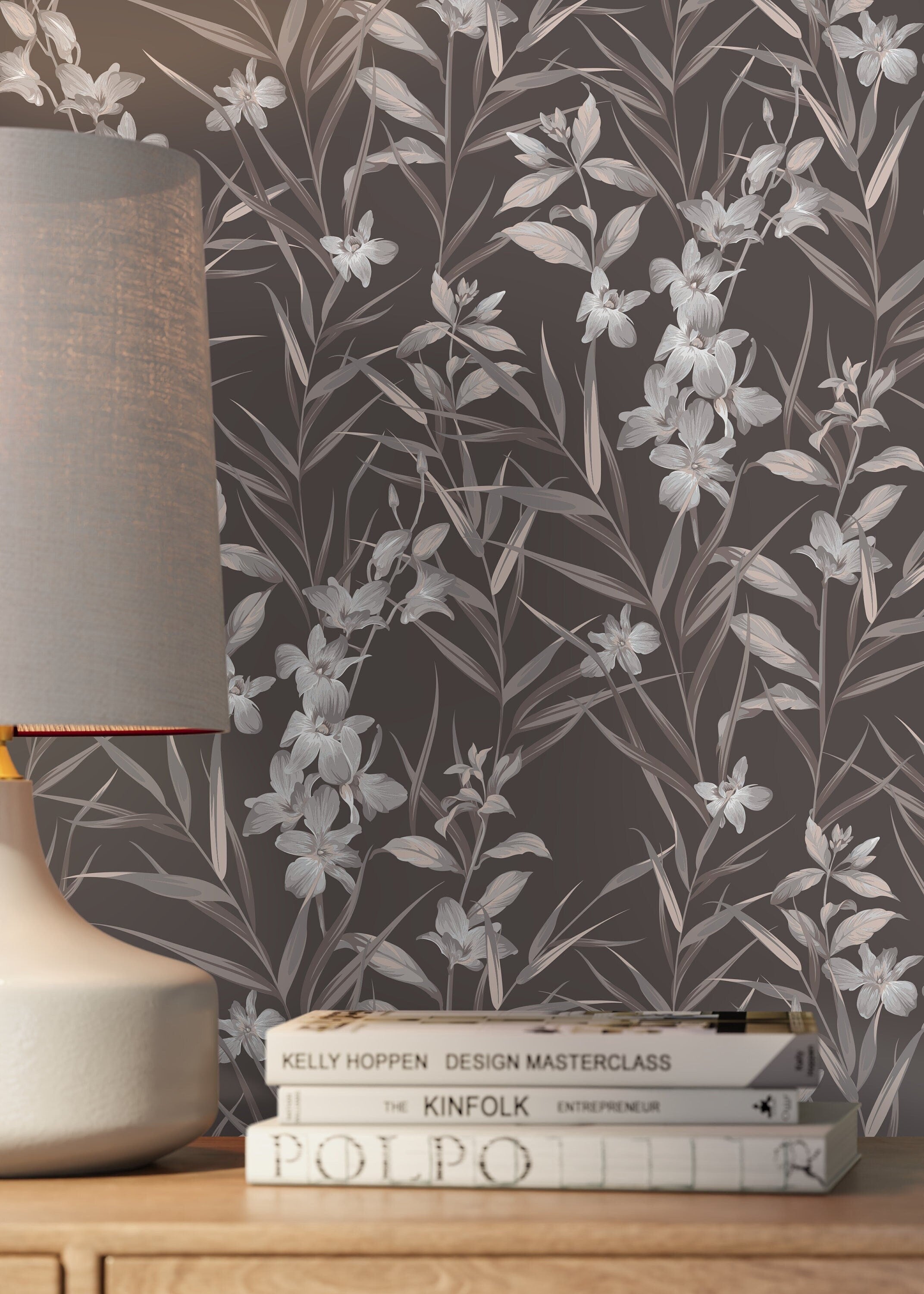 Botanical Wallpaper With Elegant Orchids In Brown, Grey, And Beige - D033