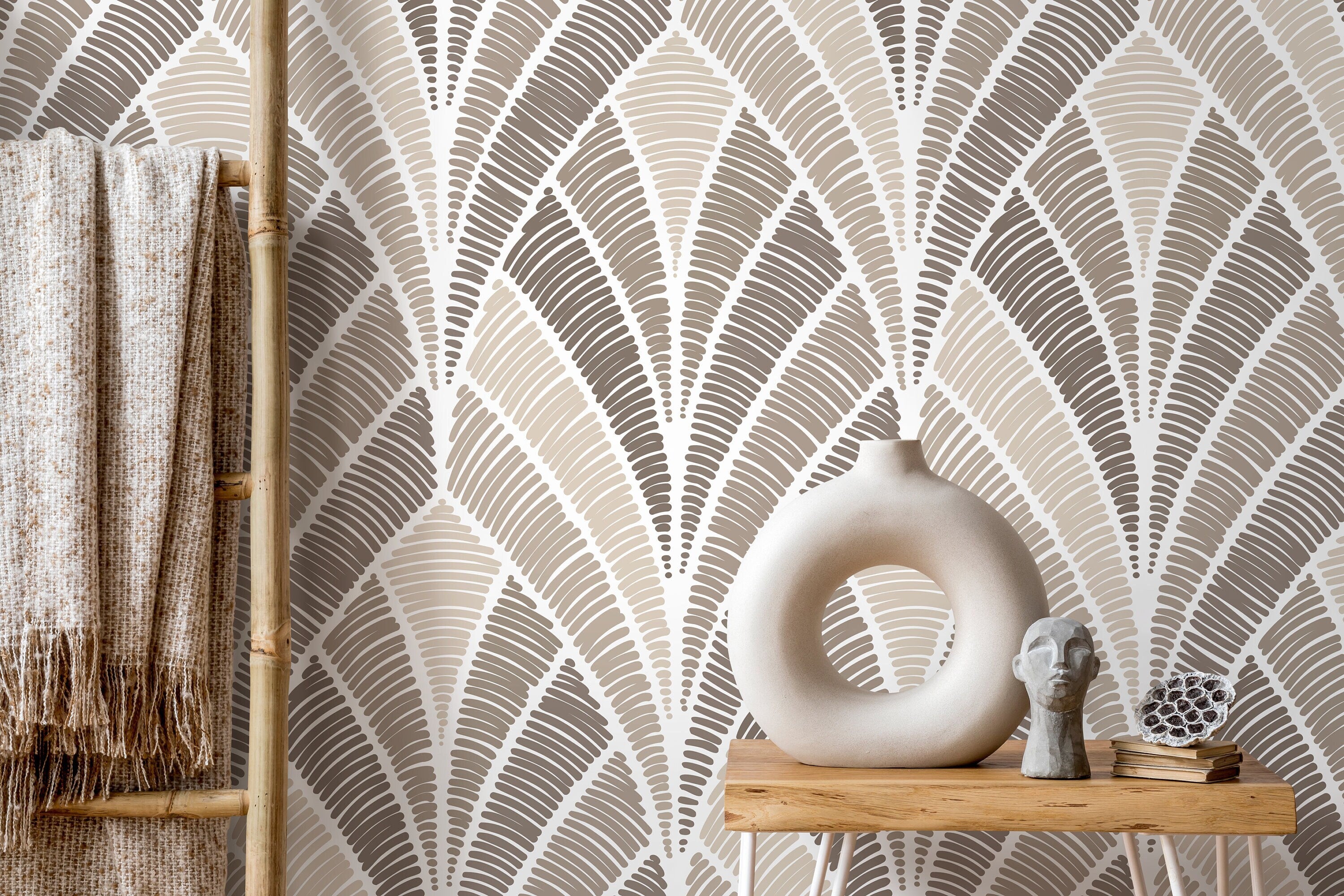Art Deco Wallpaper With A Textured Fan Motif In Beige And Taupe - D017