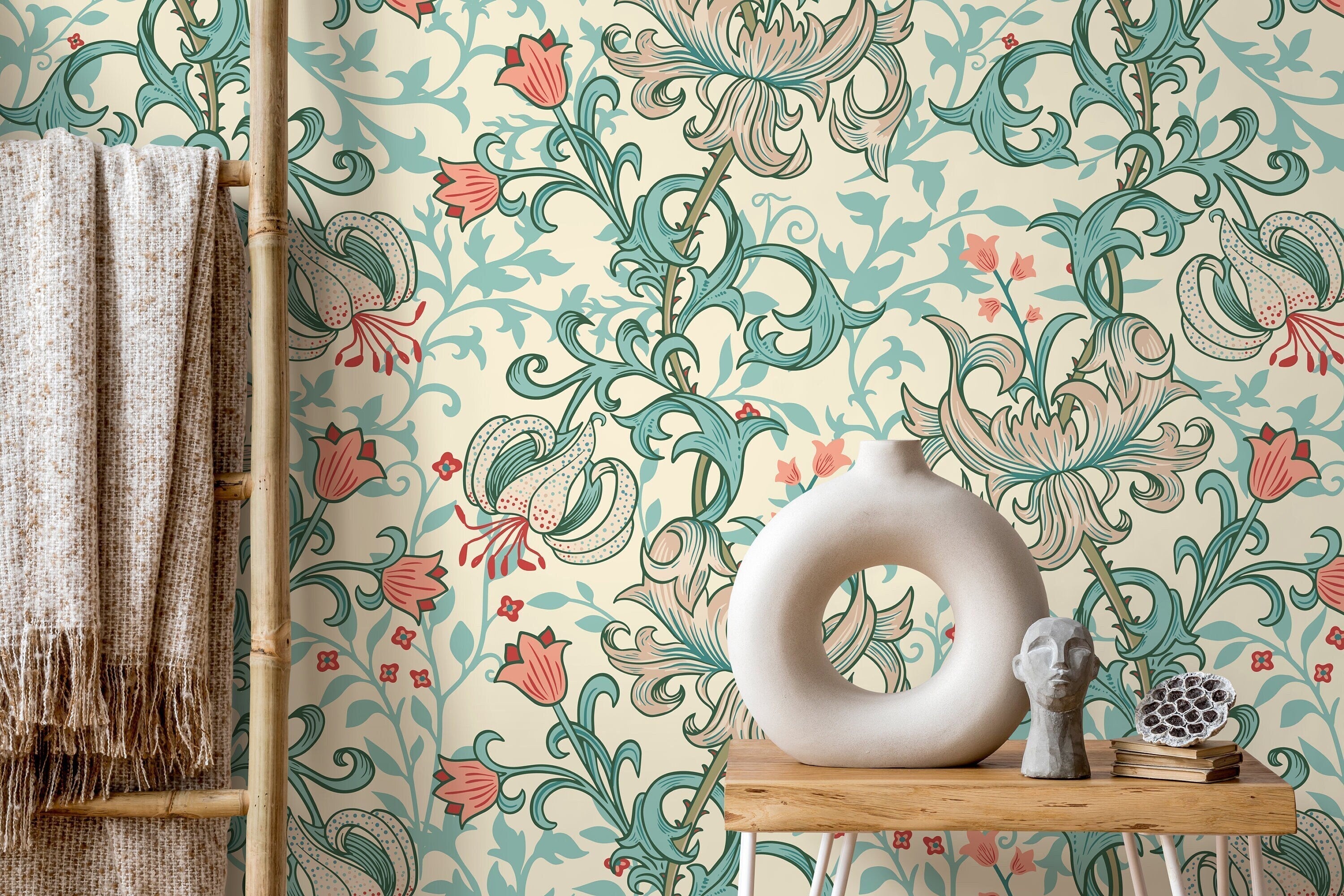 William Morris Wallpaper With An Elegant Lily Motif In Teal And Coral - D030