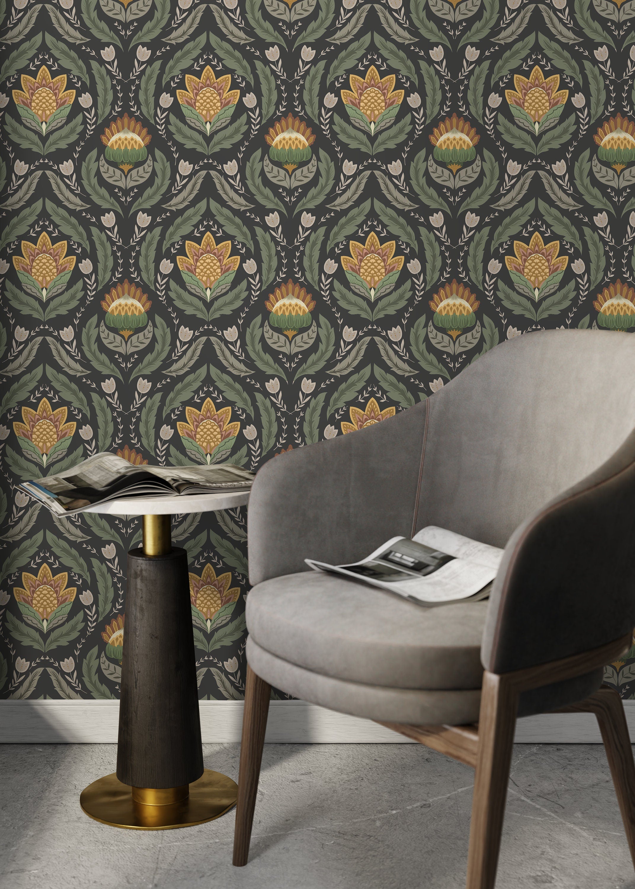 Floral Wallpaper With A Victorian Damask Motif In Green, Yellow, And Charcoal - D062