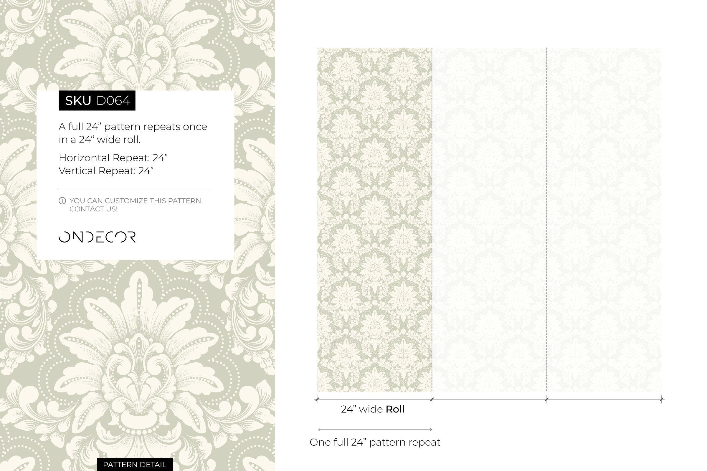Damask Wallpaper With A Classic Ornate Motif In Sage Green And Cream - D064