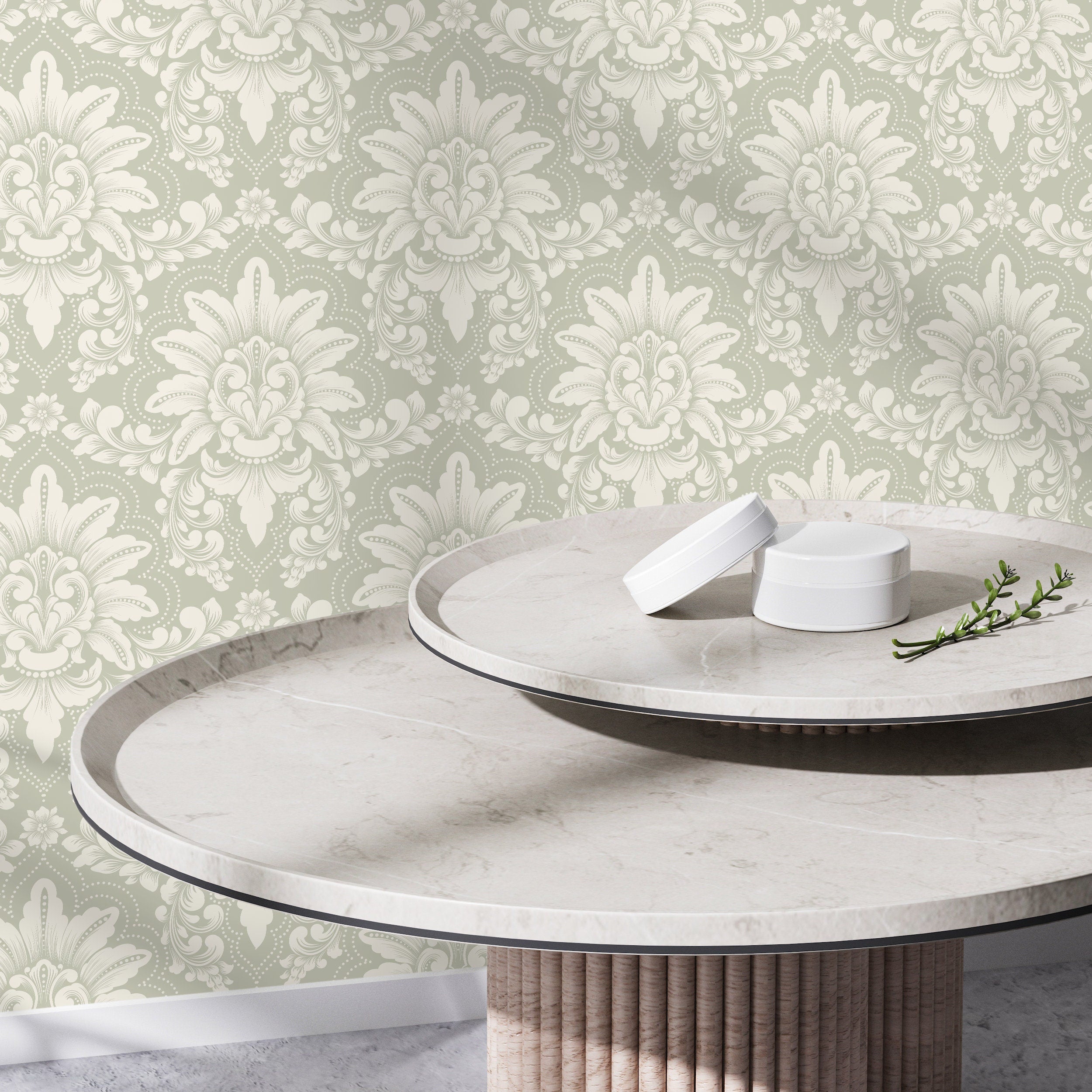 Damask Wallpaper With A Classic Ornate Motif In Sage Green And Cream - D064