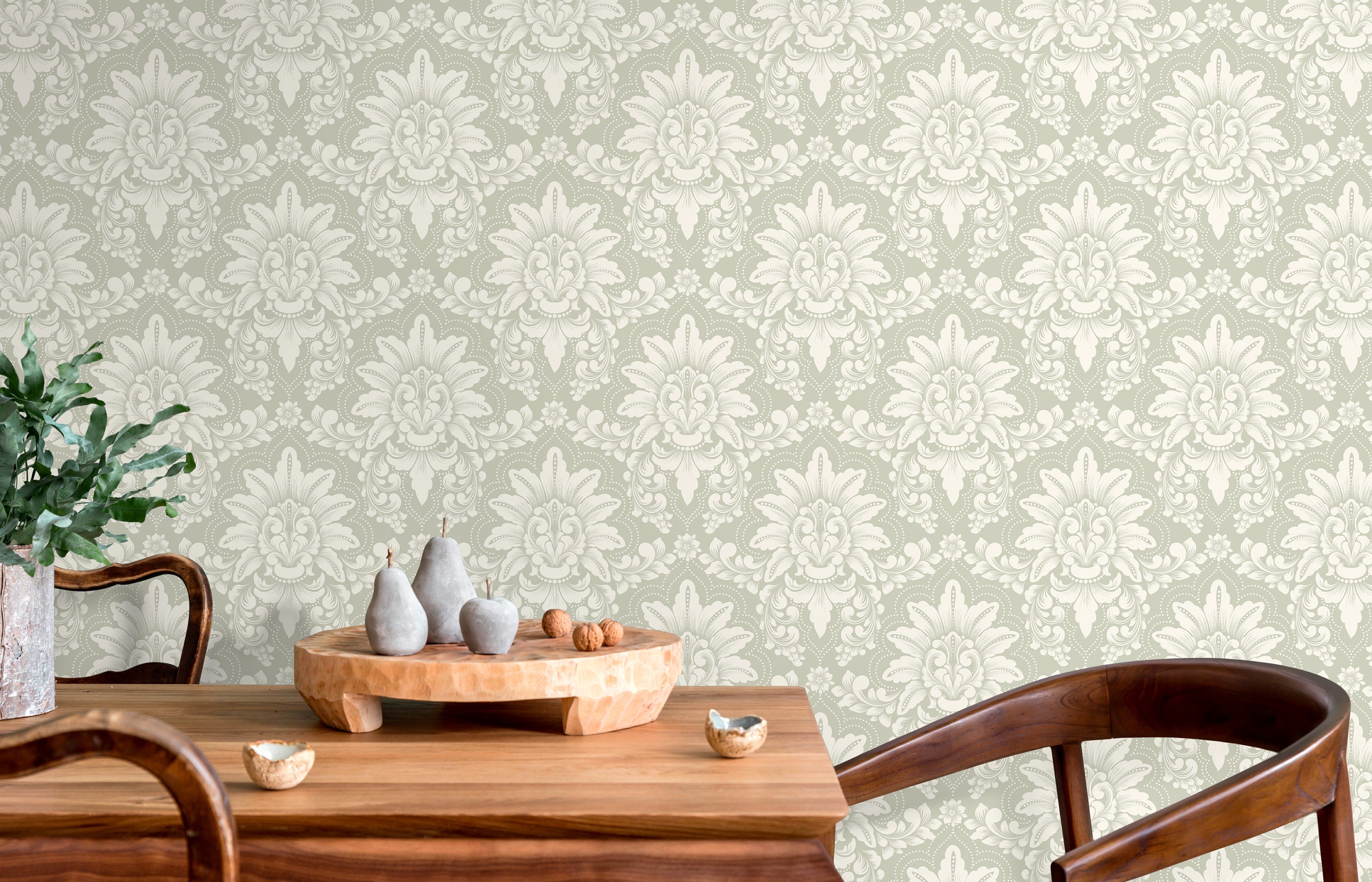 Damask Wallpaper With A Classic Ornate Motif In Sage Green And Cream - D064
