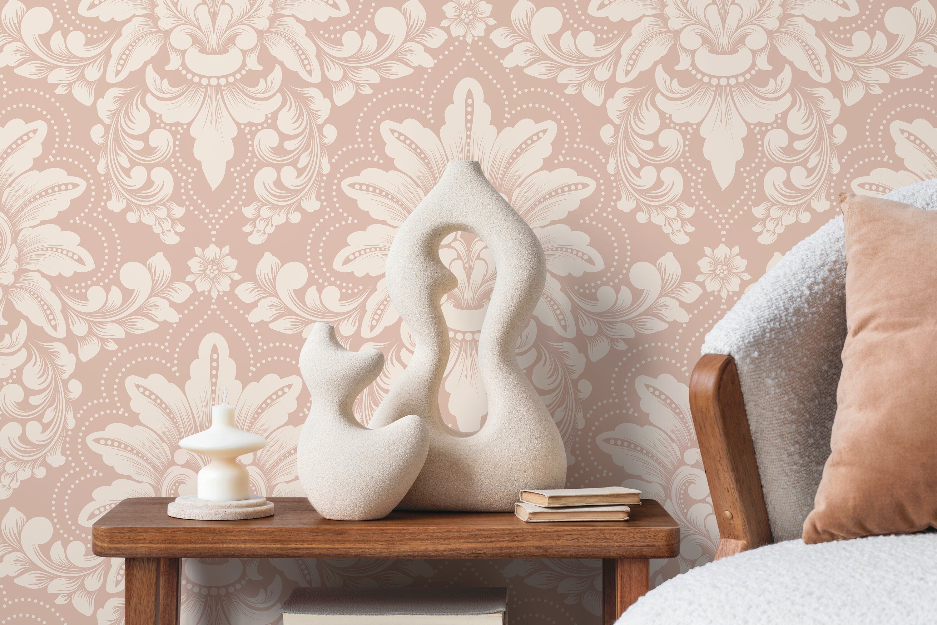 Damask Wallpaper Featuring Elegant Acanthus Leaves In Pink And Cream - D065