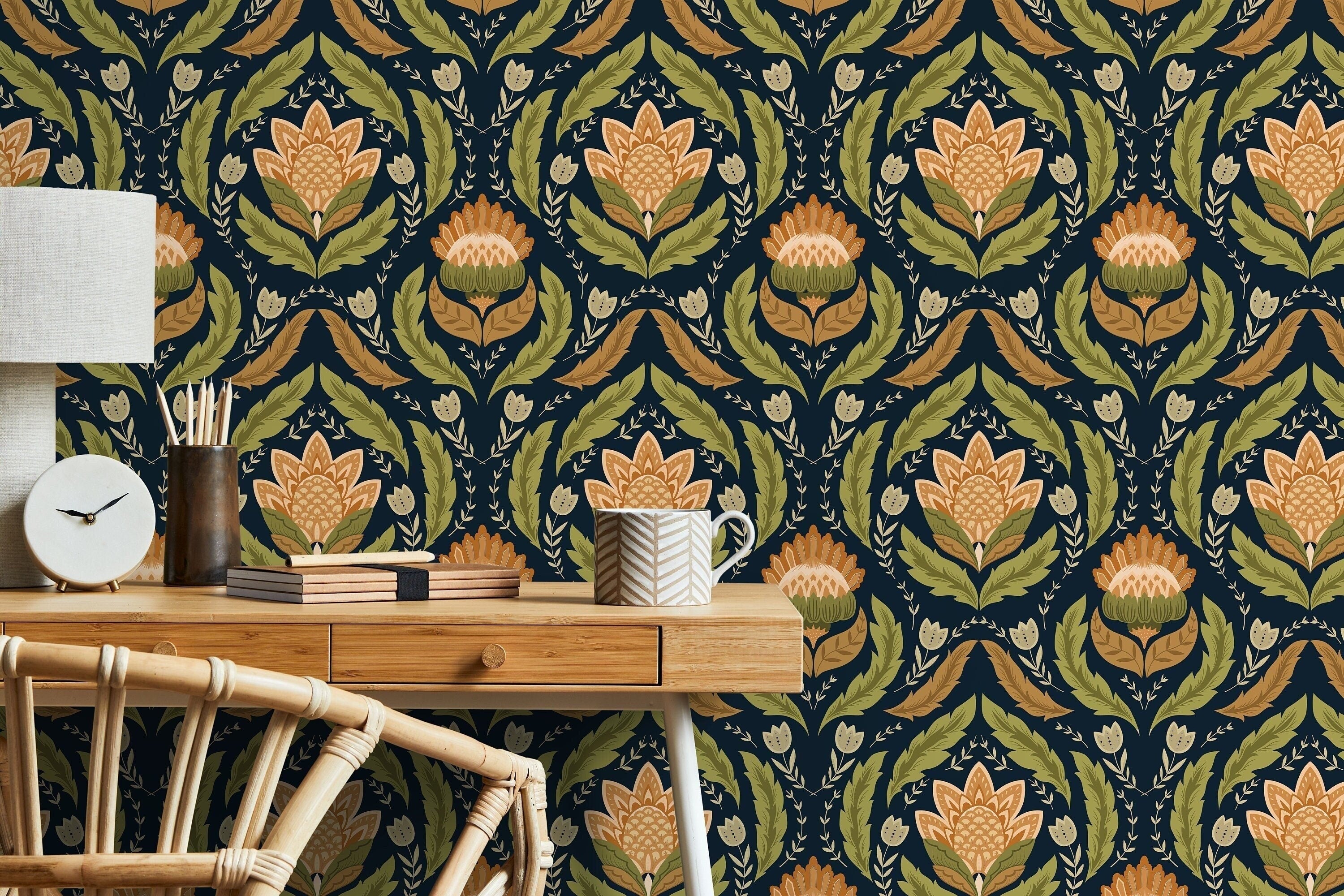 Folk Art Wallpaper With A Symmetrical Floral Damask In Navy Blue, Green, And Orange - D061