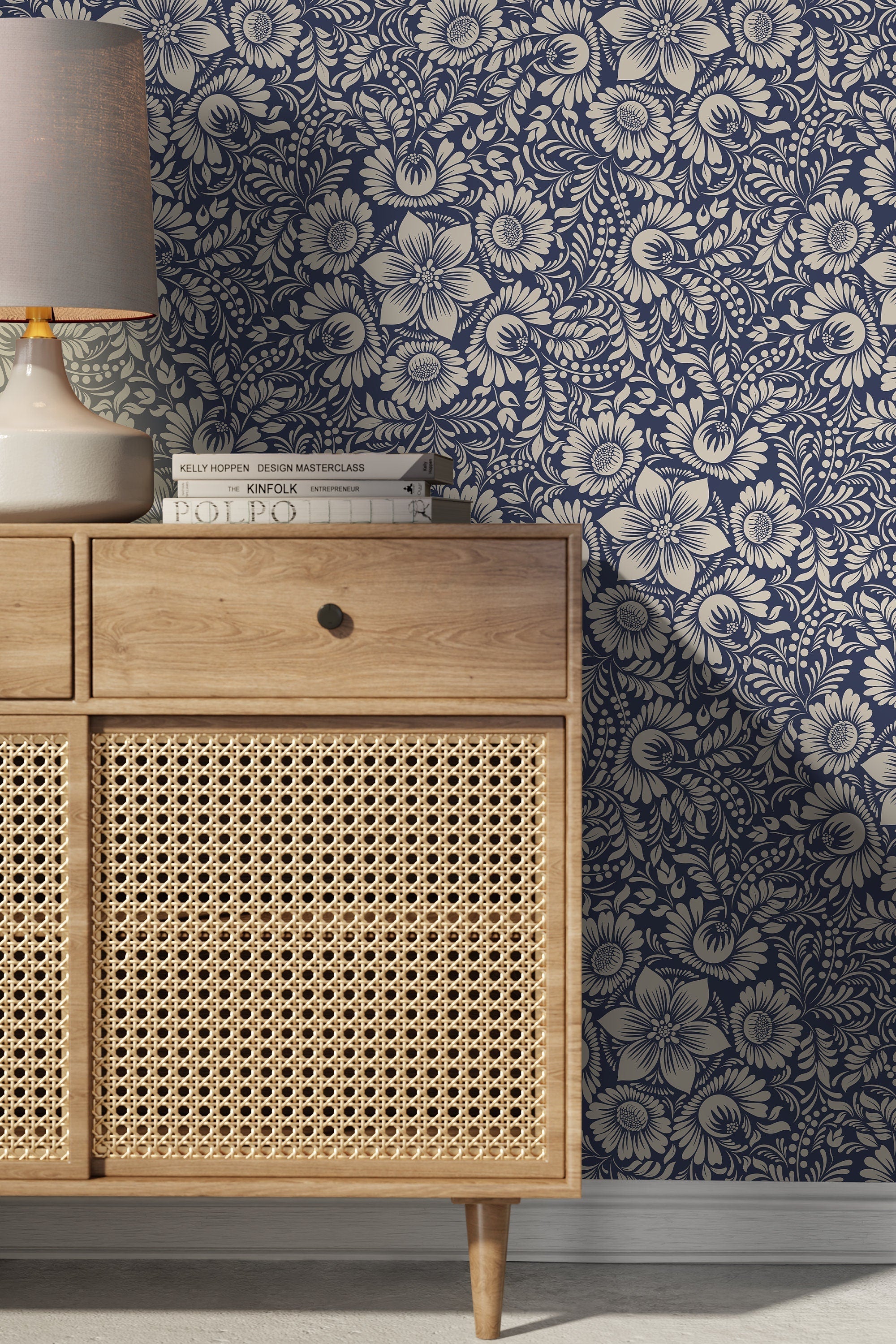 Floral Wallpaper With An Intricate Folk Art Motif In Blue And Beige - D068