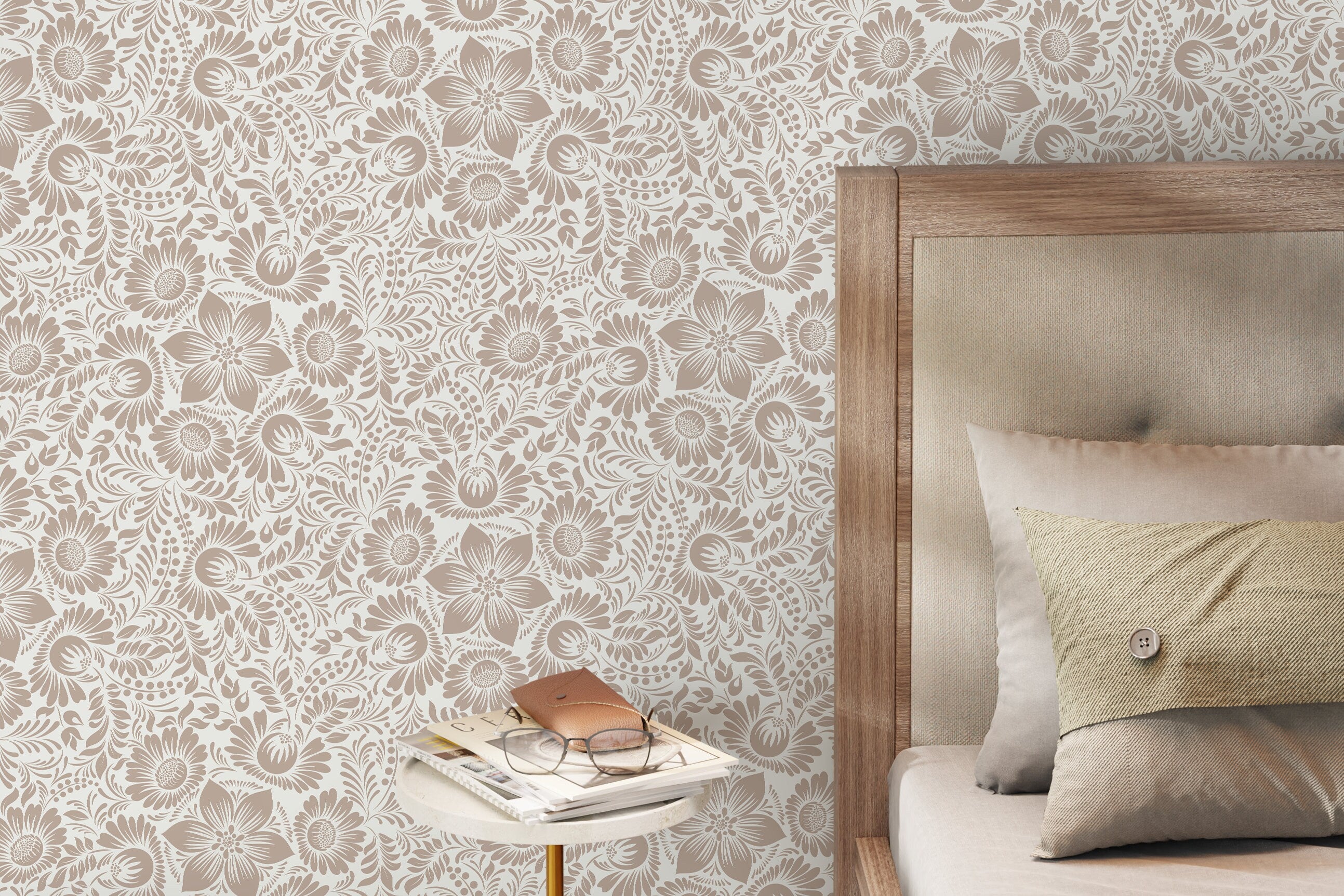 Floral Wallpaper With An Intricate Folk Art Motif In Taupe - D069