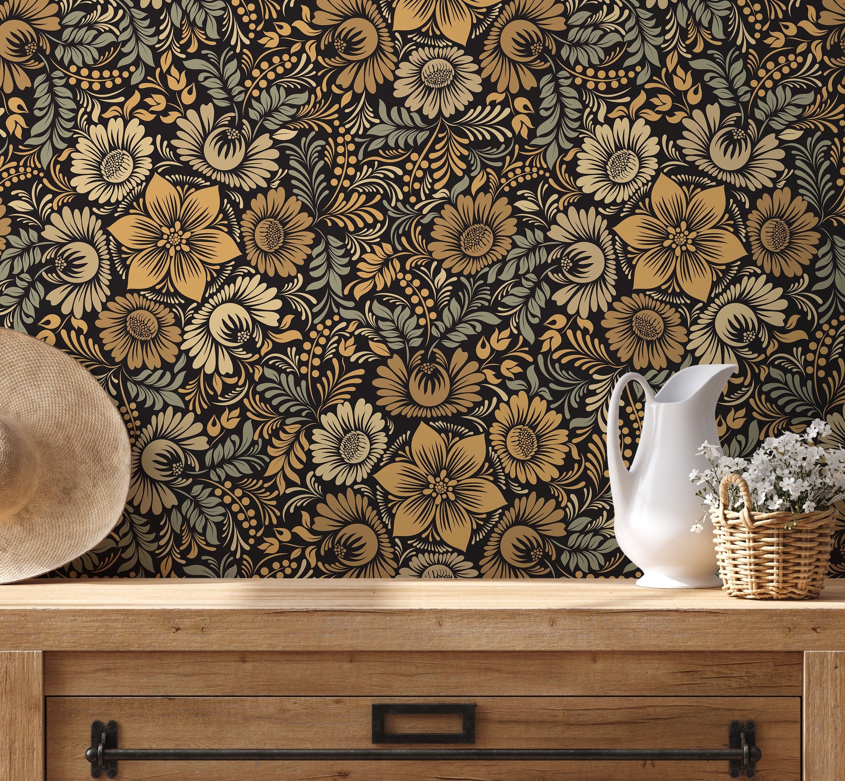 Floral Wallpaper With A Stylized Sunflower Damask In Gold, Sage Green, And Black - D071