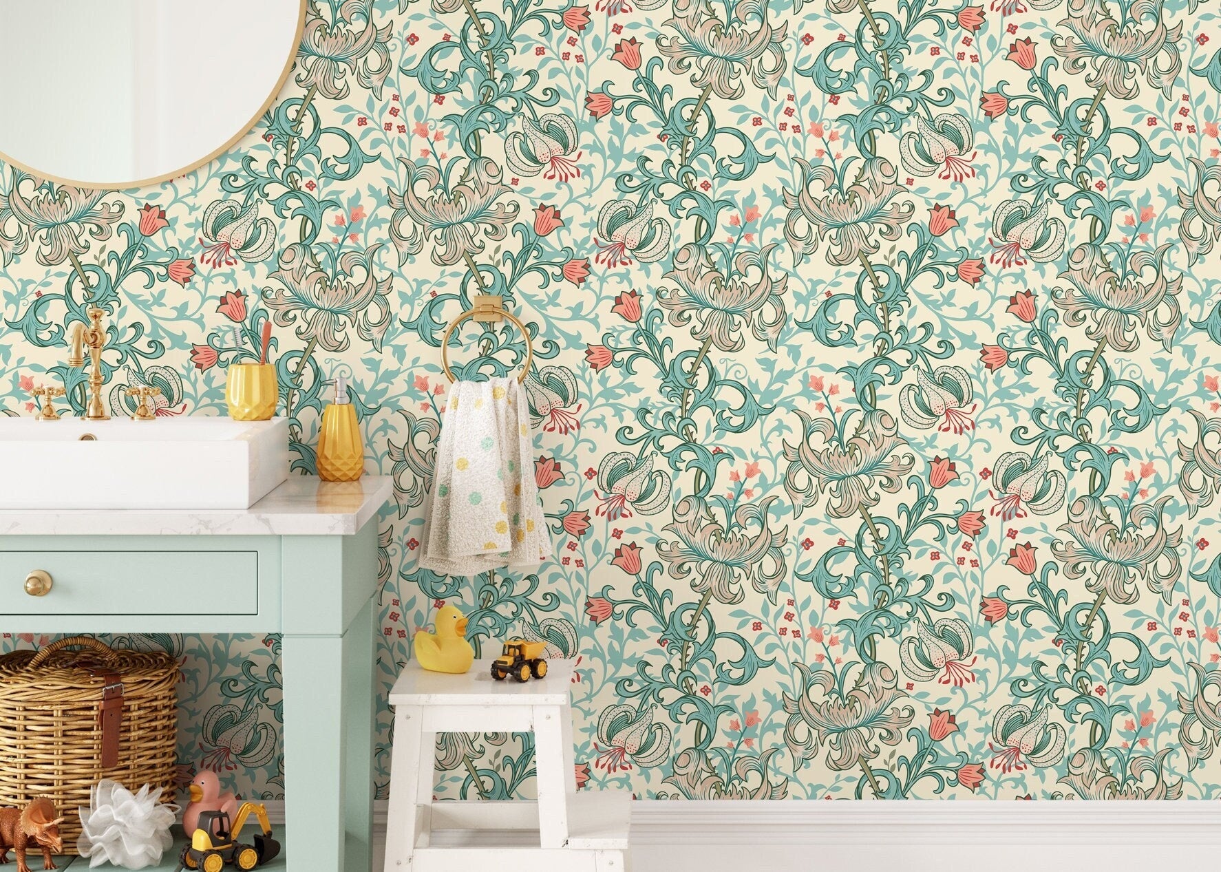 William Morris Wallpaper With An Elegant Lily Motif In Teal And Coral - D030