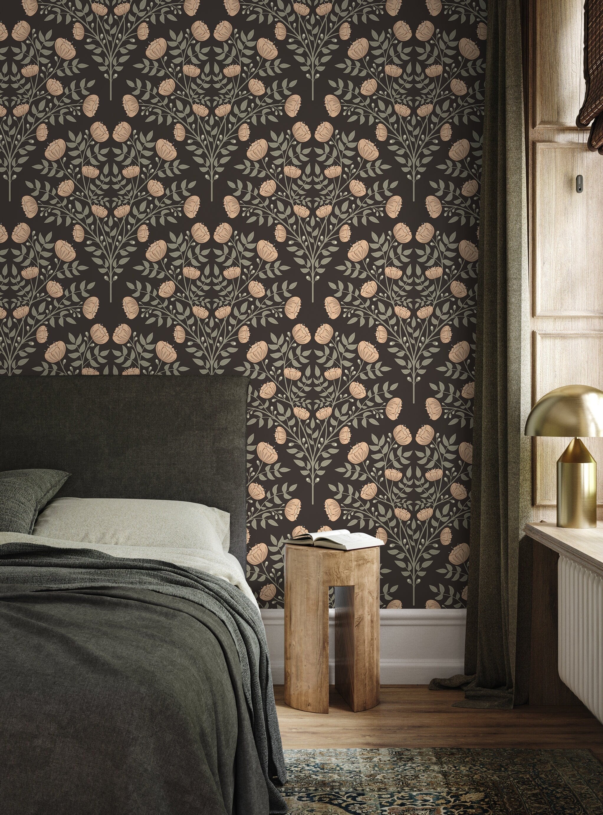 Botanical Wallpaper With Floral Trees In Brown, Green, And Beige - D036
