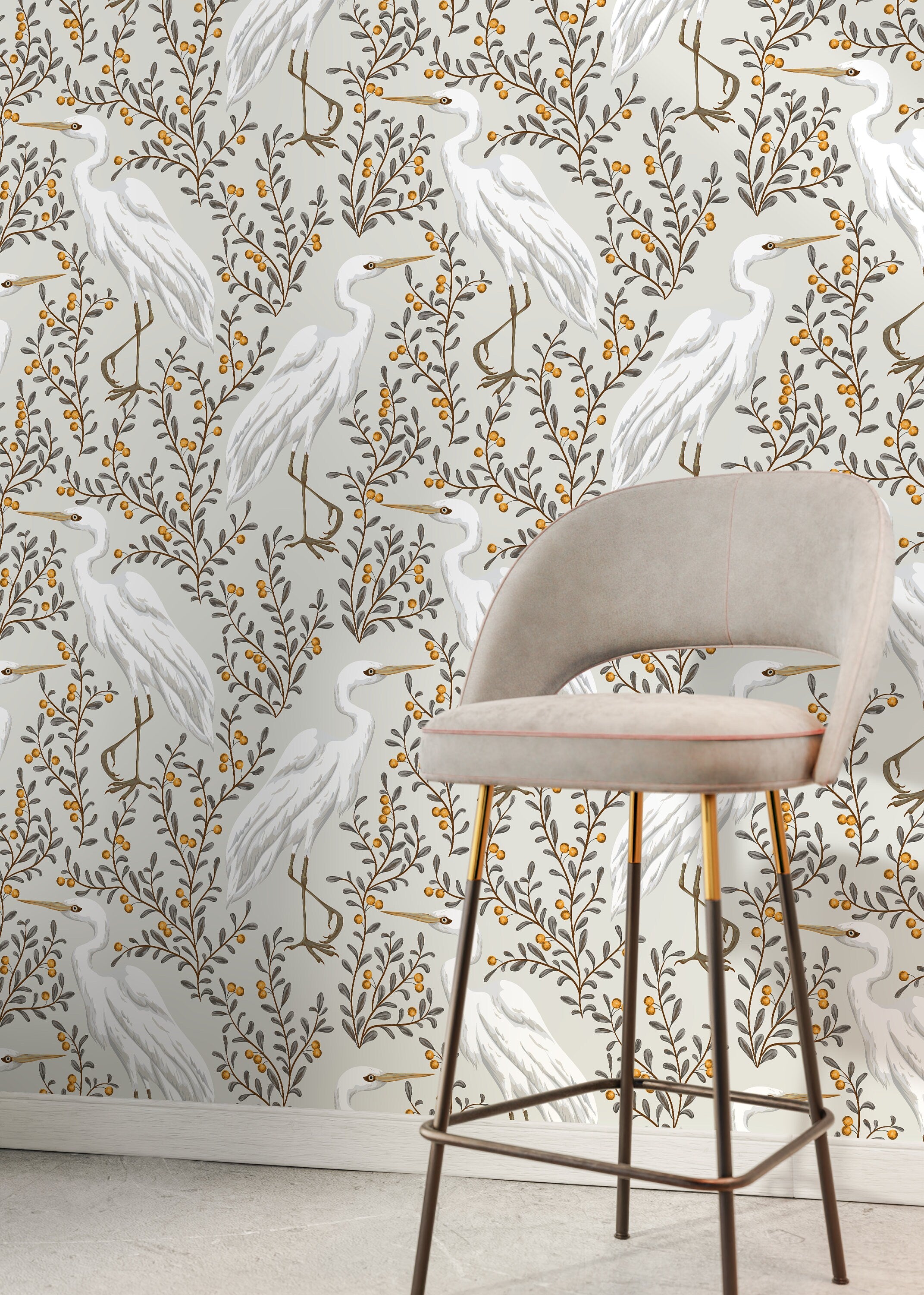 Bird Wallpaper With Elegant Cranes And Berries In Gray, Brown, And Yellow - D073