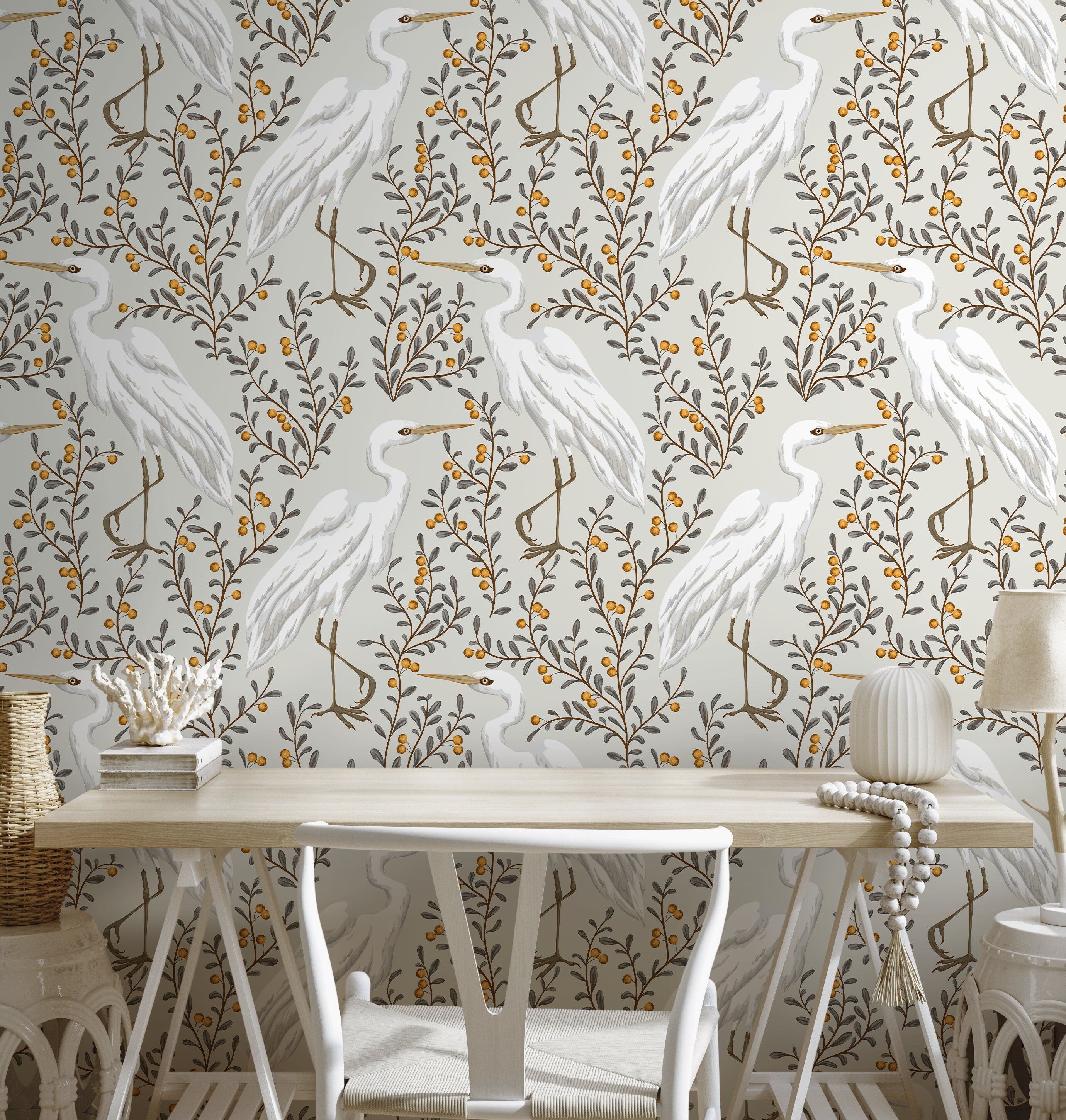 Bird Wallpaper With Elegant Cranes And Berries In Gray, Brown, And Yellow - D073