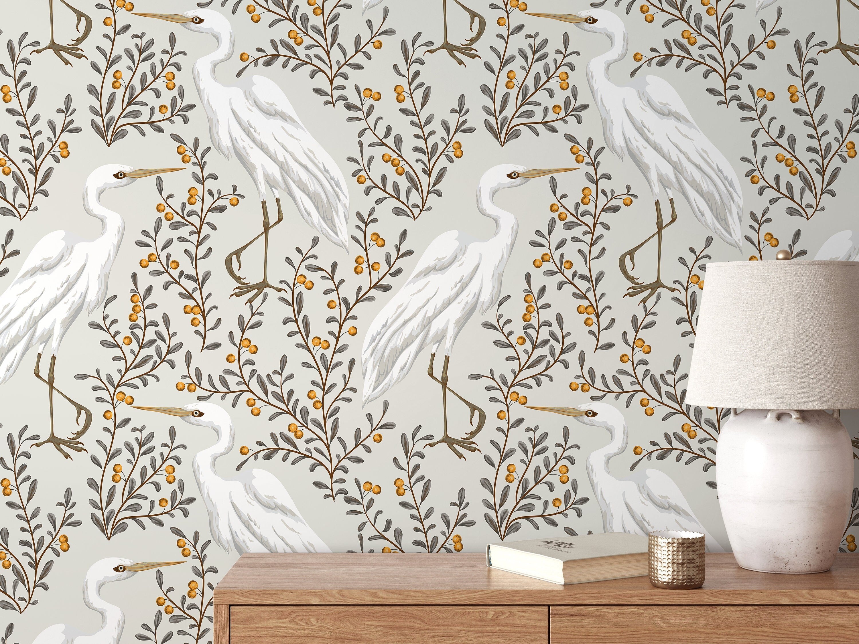 Bird Wallpaper With Elegant Cranes And Berries In Gray, Brown, And Yellow - D073