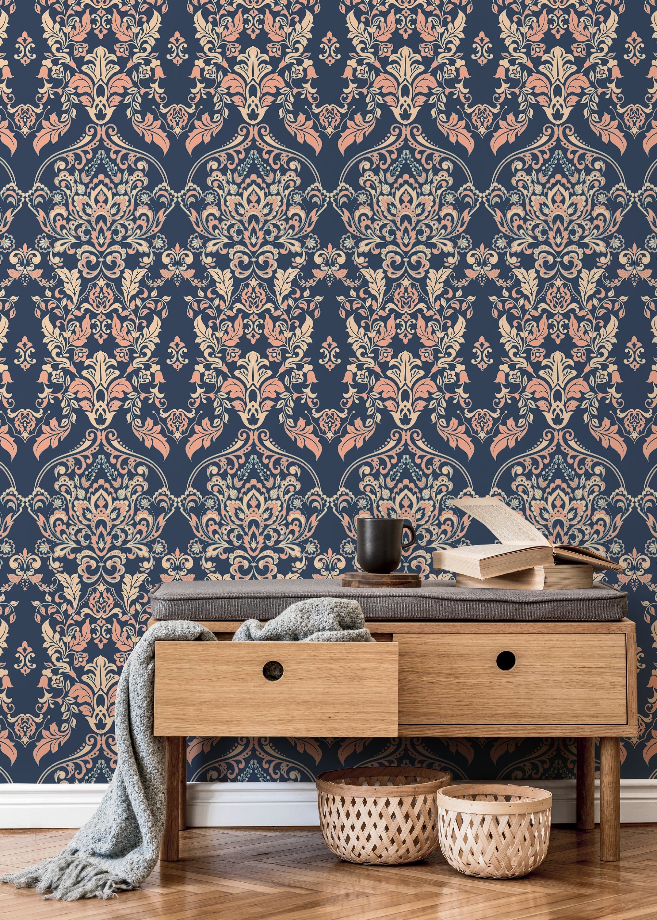 Victorian Damask Wallpaper With An Ornate Motif In Navy Blue, Peach, And Beige - D075