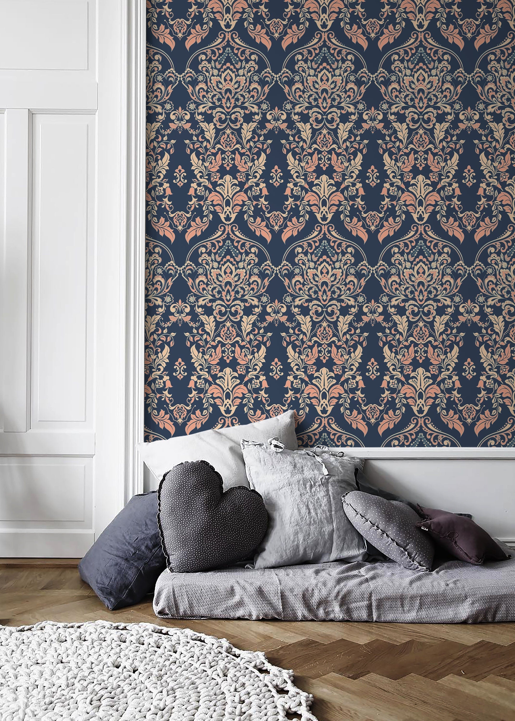 Victorian Damask Wallpaper With An Ornate Motif In Navy Blue, Peach, And Beige - D075
