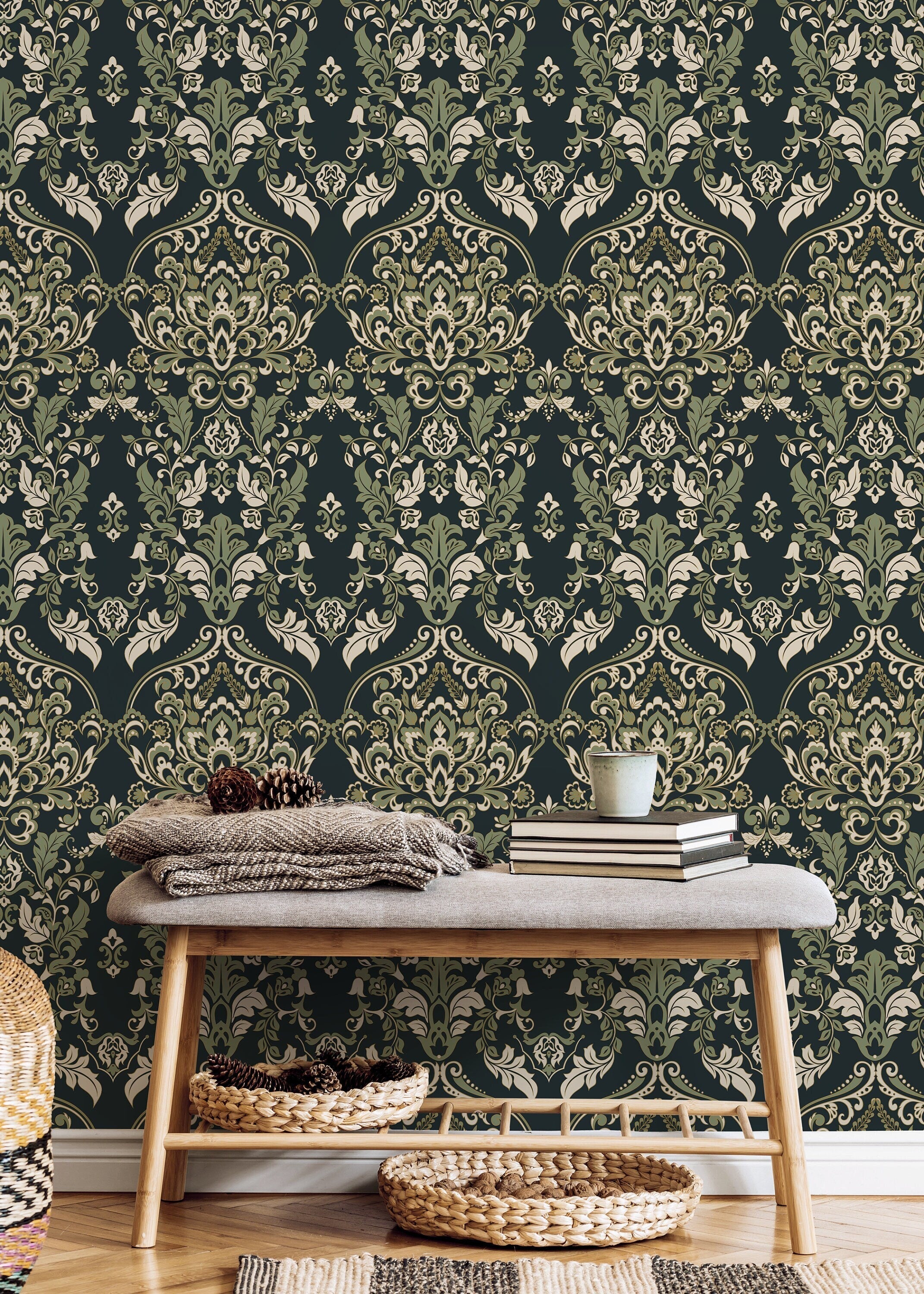 Damask Wallpaper With An Ornate Victorian Motif In Green And Beige - D077