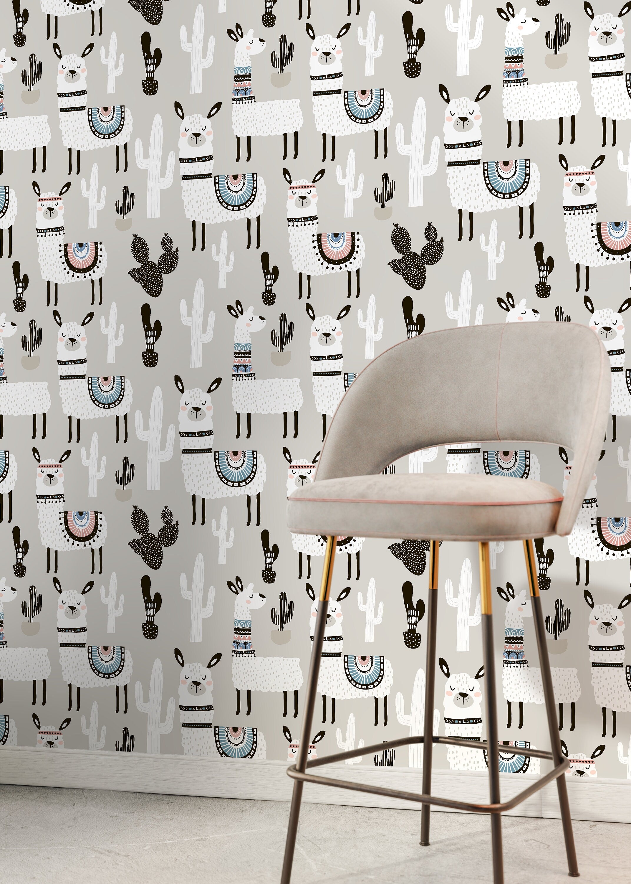 Animal Wallpaper With Llama And Cactus Motifs In Gray, White, And Black - D078