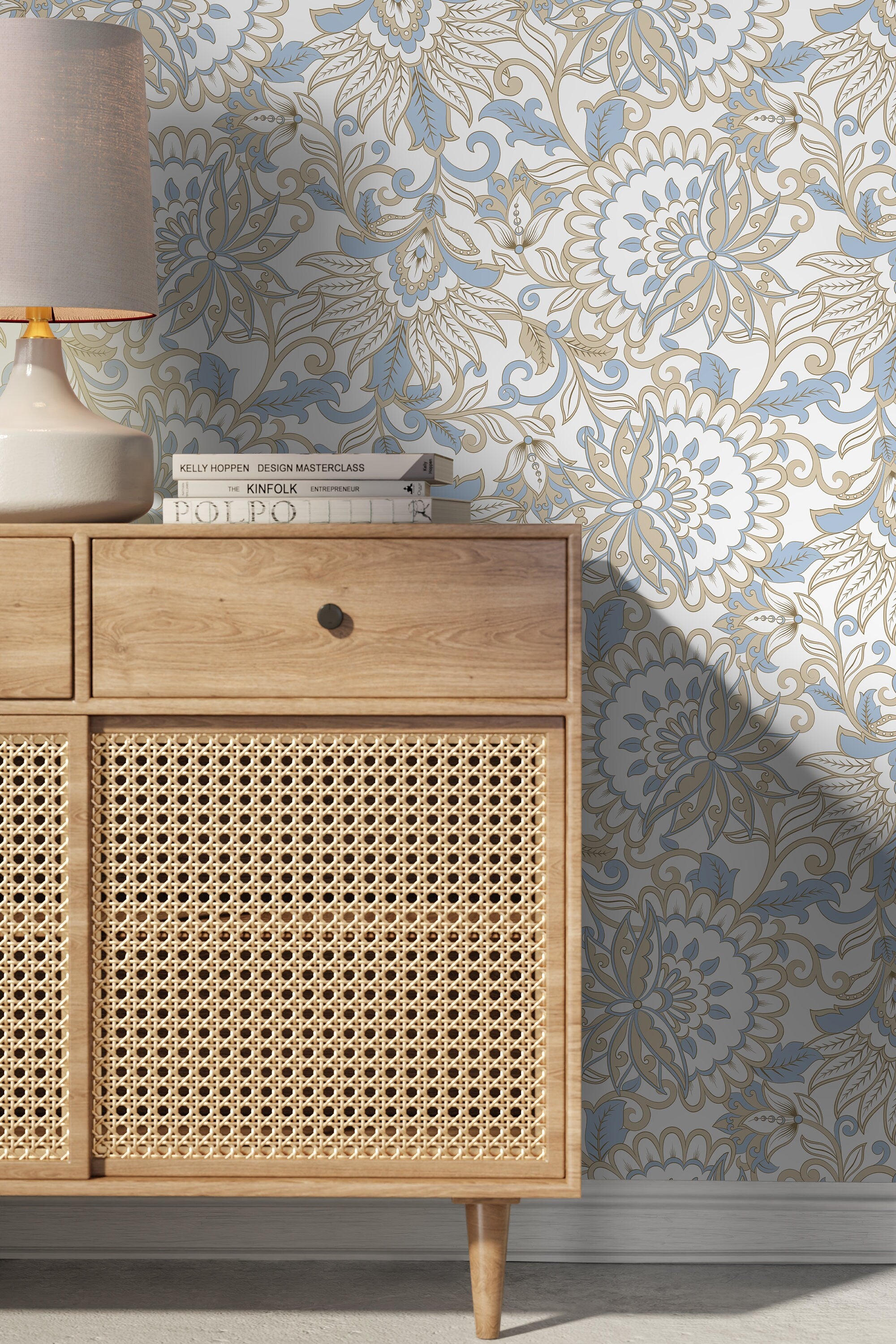 Victorian Wallpaper With An Elegant Floral Damask Motif In Blue And Beige - D079